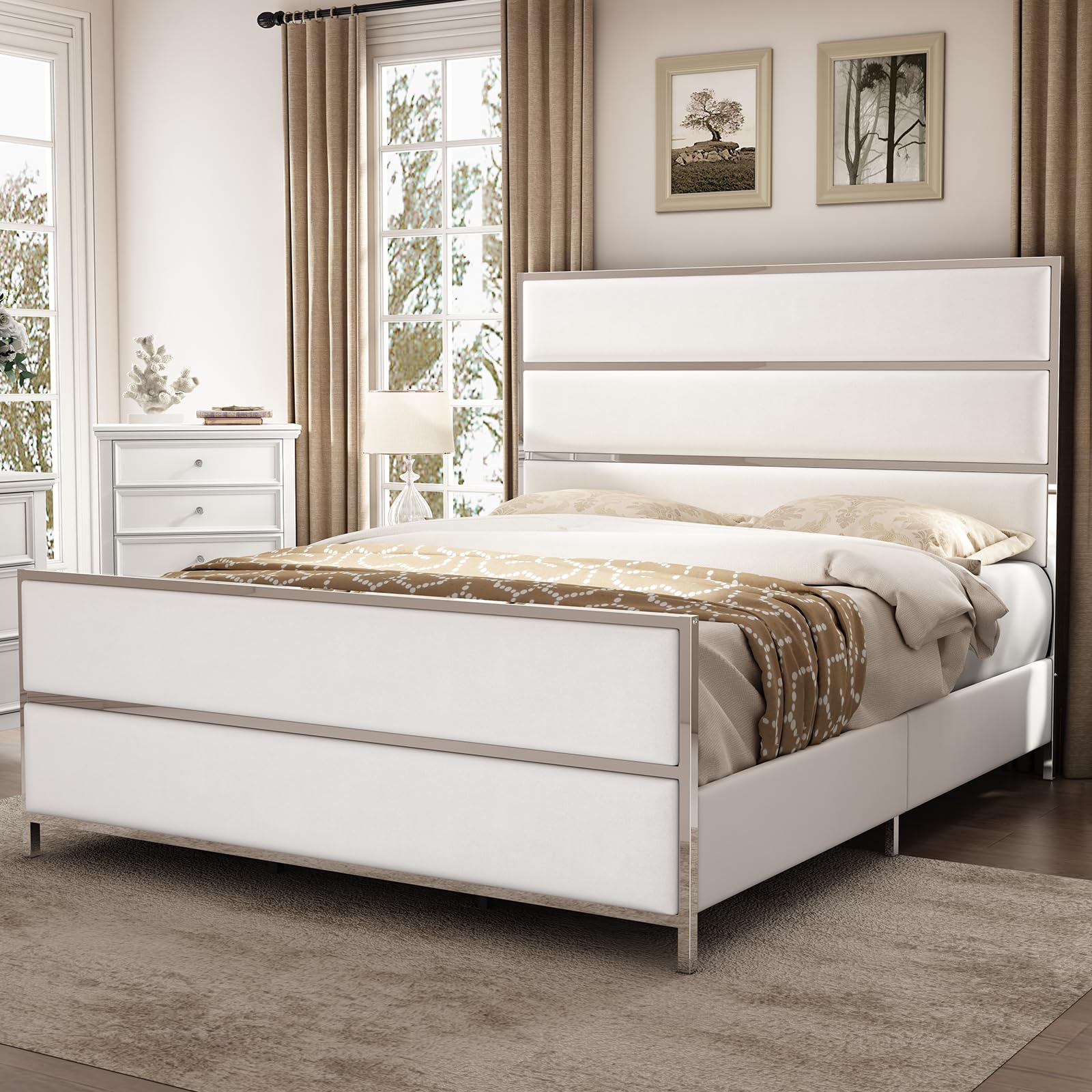 HOWE Queen Size Bed Frame with 59" Tall Headboard, Velvet Upholstered Platform Bed with Channel Tufted and Silver Trim Footboard, Chrome Finish/No Box Spring Needed/White