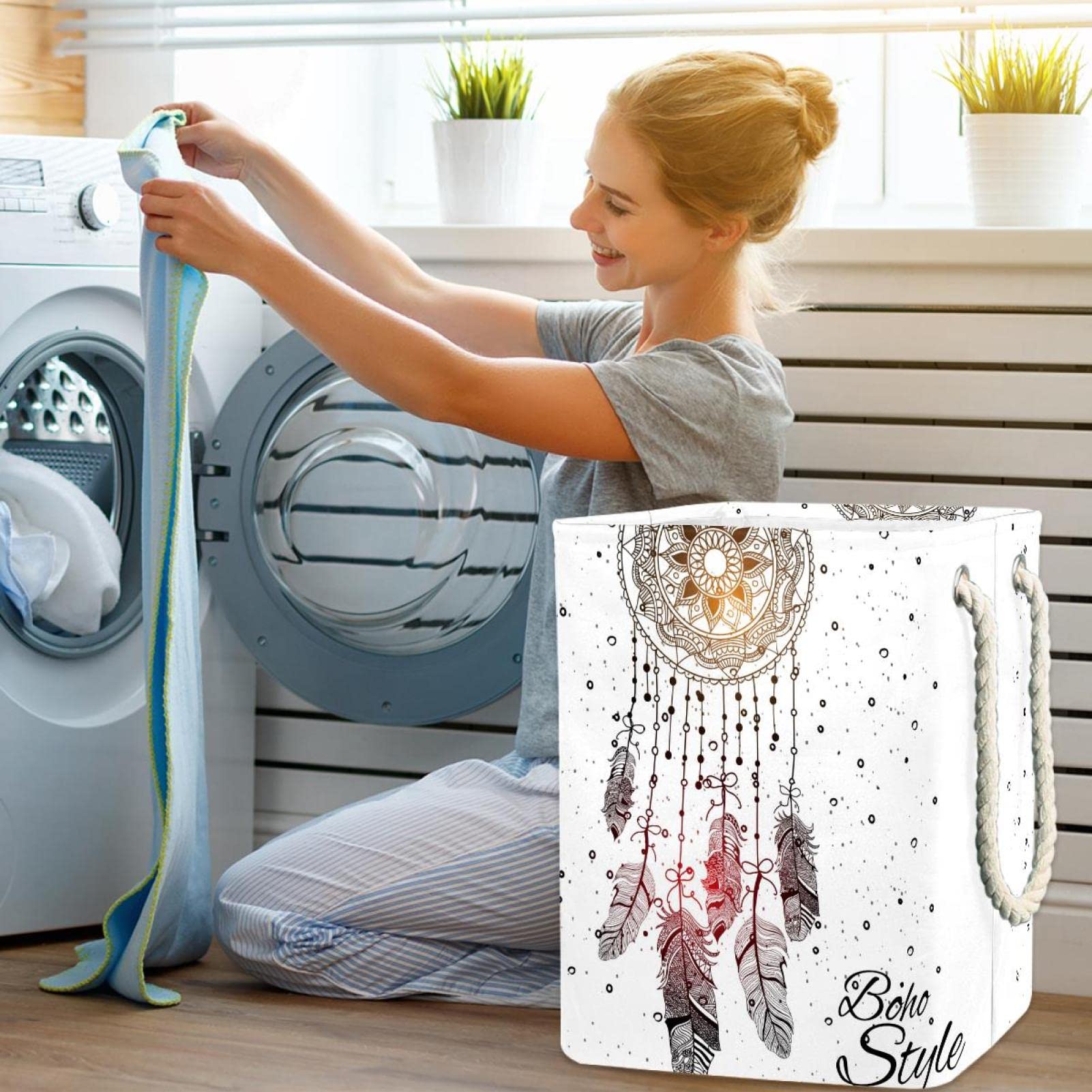 Bohemia Boho Stil Traumfänger Feder, großer Wäschekorb mit robustem Griff, Aufbewahrungskorb für schmutzige Kleidung für Schlafzimmer, Badezimmer, Studentenwohnheim