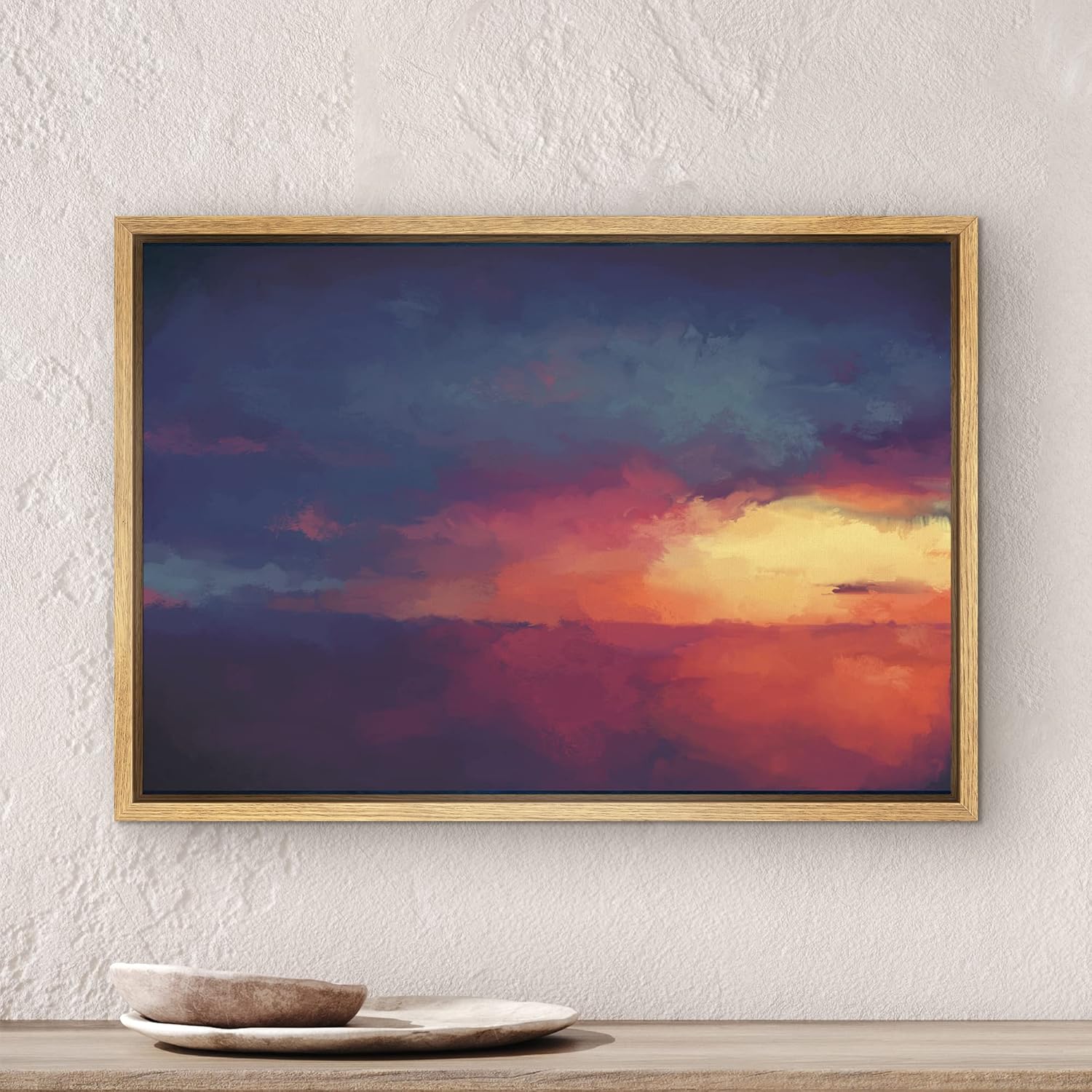 SIGNWIN Framed Canvas Wall Art Bright Orange Red Sunset with Reflection on The Sea Coastal Ocean Oil Painting Abstract Modern Closeup Relax/Calm for Living Room, Bedroom, Office - 16"x24" Natural
