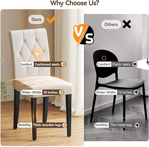 Miniatura 5 de Juego de 4 sillas tapizadas para comedor, estilo Parsons, con botones, con patas de madera maciza, silla moderna de tela para