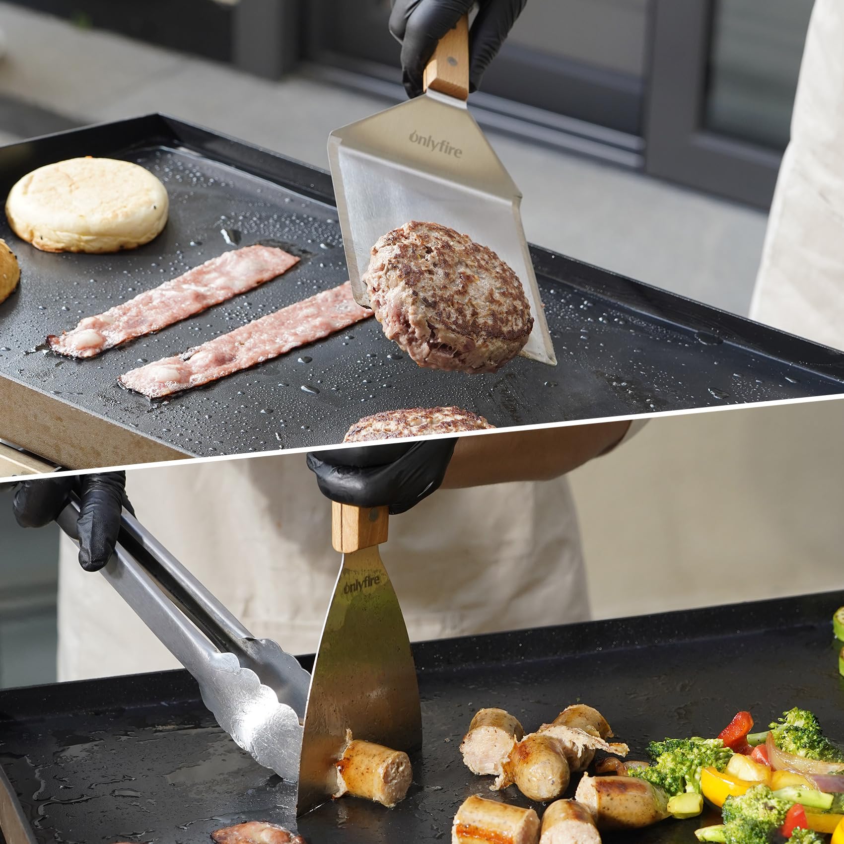 Onlyfire Smash Burger Set, 6-Teilig Grillwerkzeug Set, inkl. Runder Burgerpresse, 2 Grillspachtel, Pattypresse, 2 Burgerglocken, BBQ Grillbesteck Set für Plancha, Grillplatte, Gasgrill oder Grill