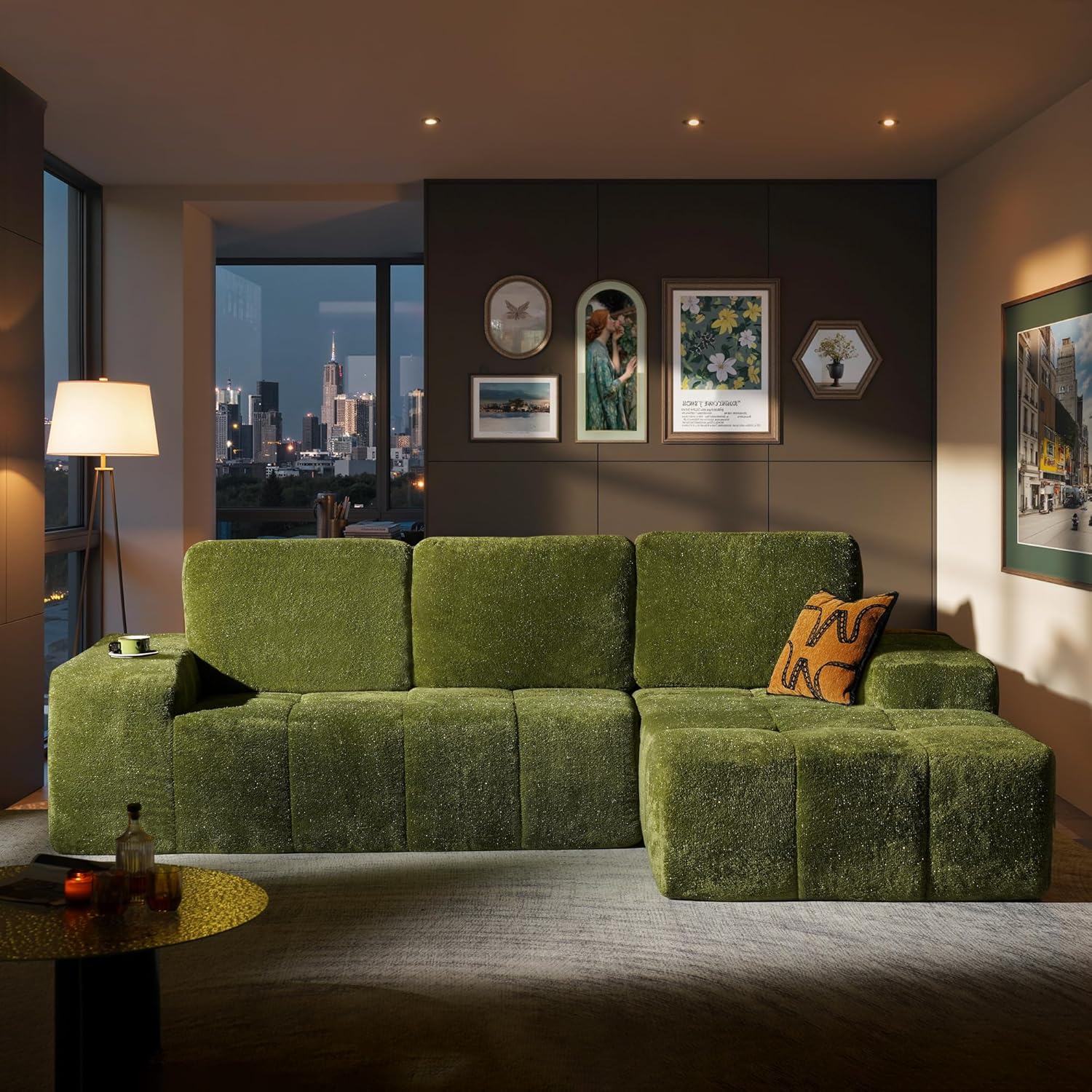 ovios 115" Cloud Boneless Couch with Glitter Fabric, Moudular Sectional Sofa with Deep Seat, No Assembly Required, Modern Minimalist L Shaped Couches with Chaise for Living Room, Green