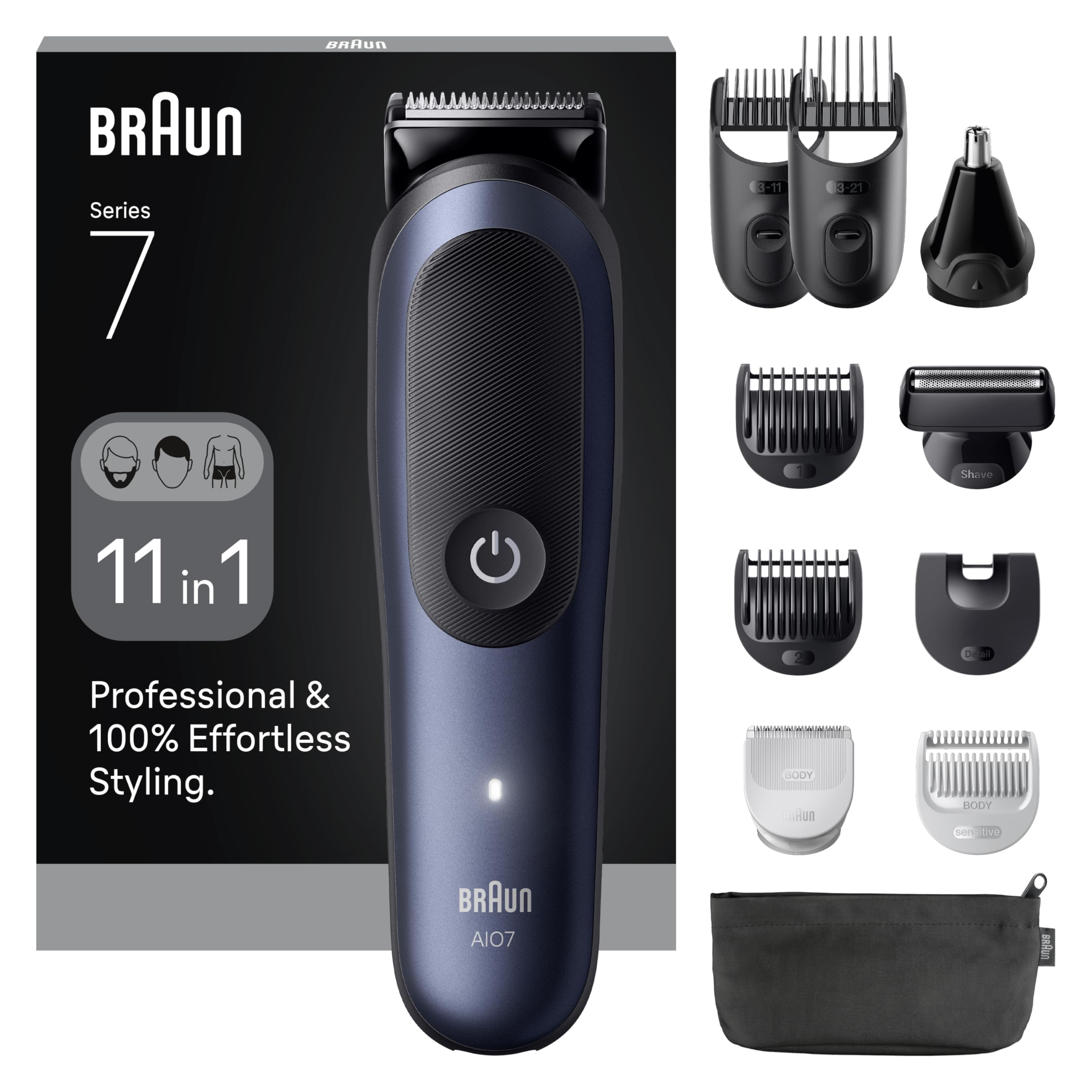 Braun - Cortapelos todo en uno serie 7, kit 11-en-1, hoja ProBlade, tecnología autoSense, 120 minutos de autonomía, protección SkinGuard, barba en gradiente, mango AquaGrip práctico bajo el agua,