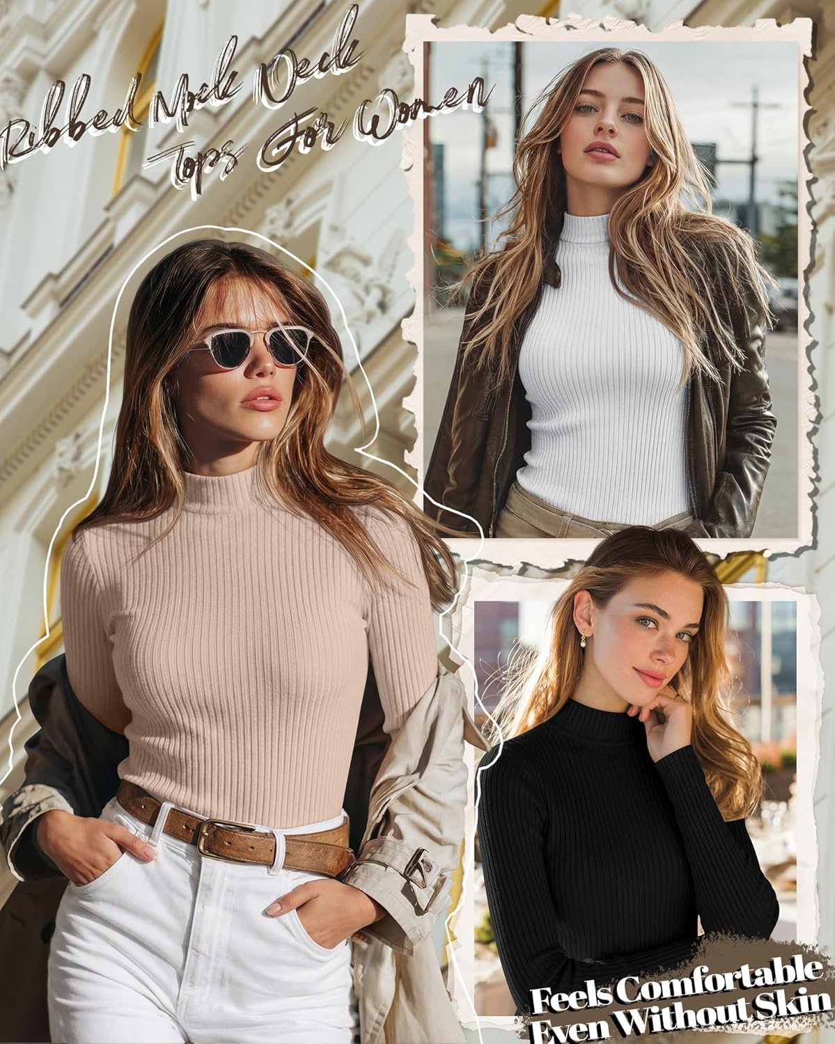Riyiper 3 Pack Women's Ribbed Shirts, Mock Turtleneck Long Sleeve Tops Slim Fitted Undershirts Casual Basic Layering Tees - Image 3