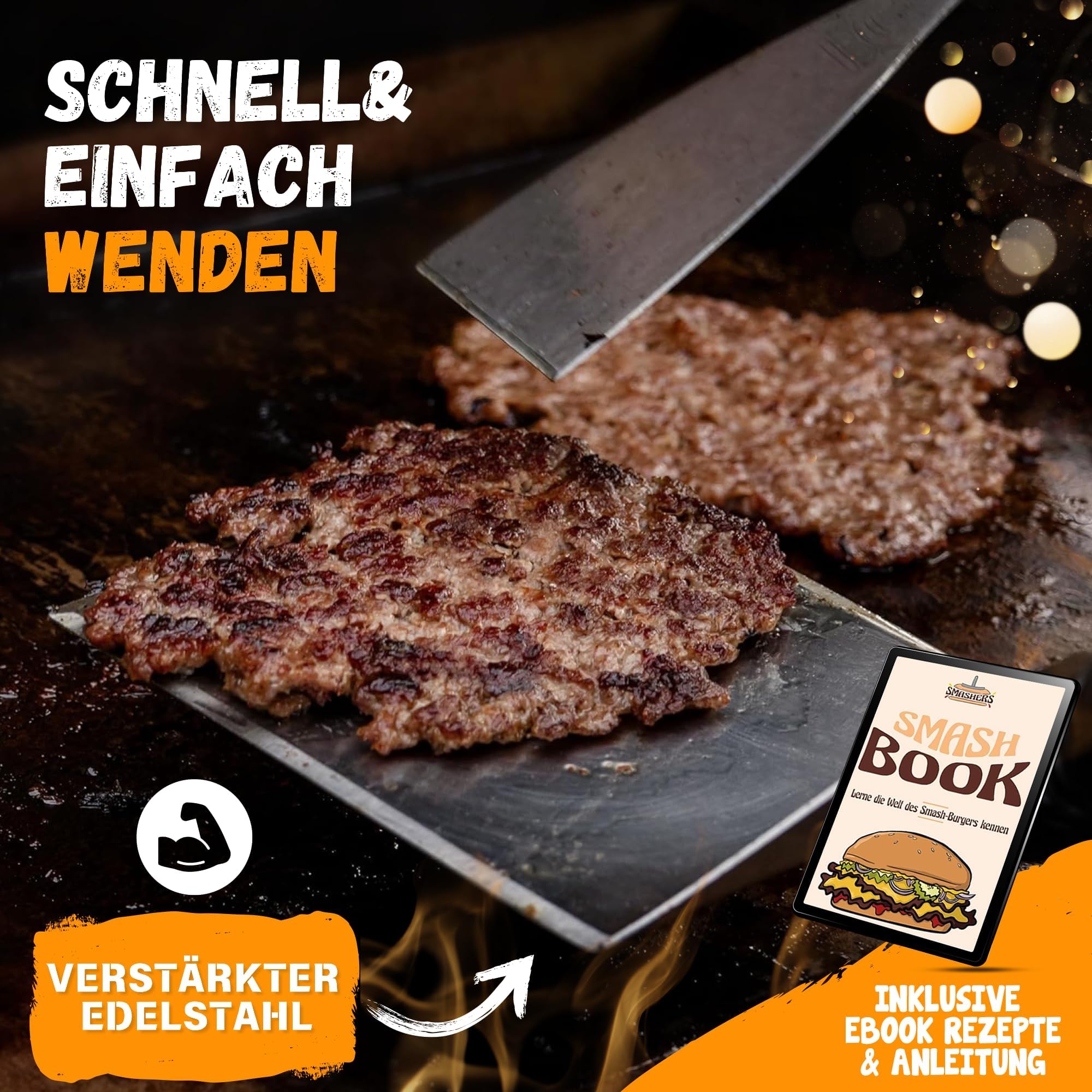 SMASHERS Smash Burger Set – Burger Smasher Set mit Burgerpresse, Grillspachtel, Pfannenwender & Burgerglocke - Inkl. E-Book mit Smash Burger Rezepten & Burgerpapier (6-TLG.)