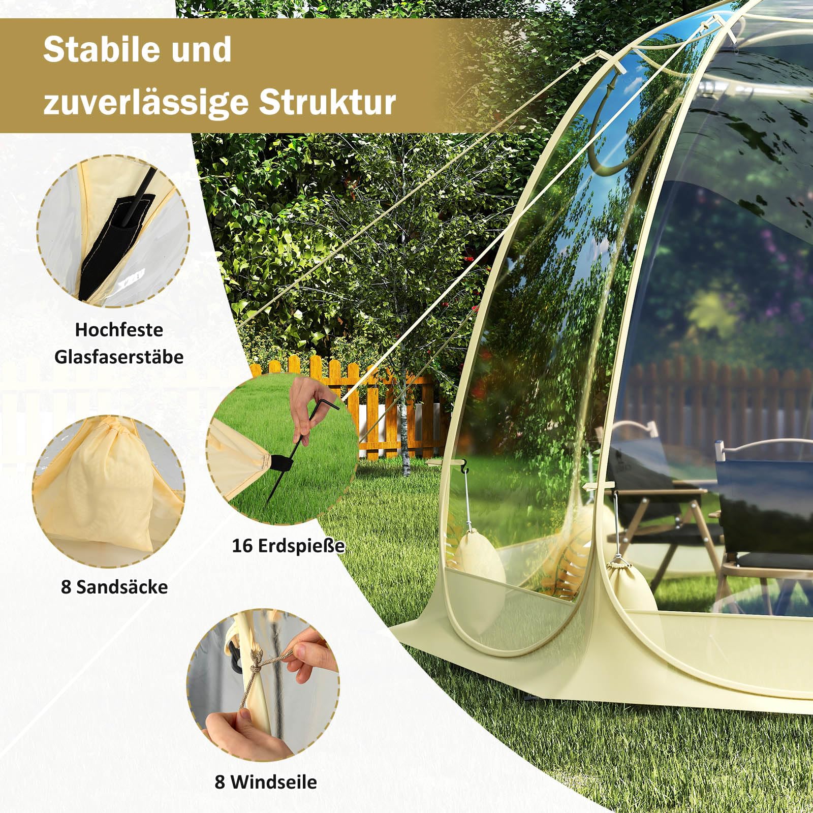 COSTWAY Pop Up Bubble namiot - przezroczysty namiot z PCW, 265 x 265 cm, odporny na warunki atmosferyczne, dla 5-6 osób, przenośny namiot kempingowy, do użytku na zewnątrz, do ogrodu, na taras