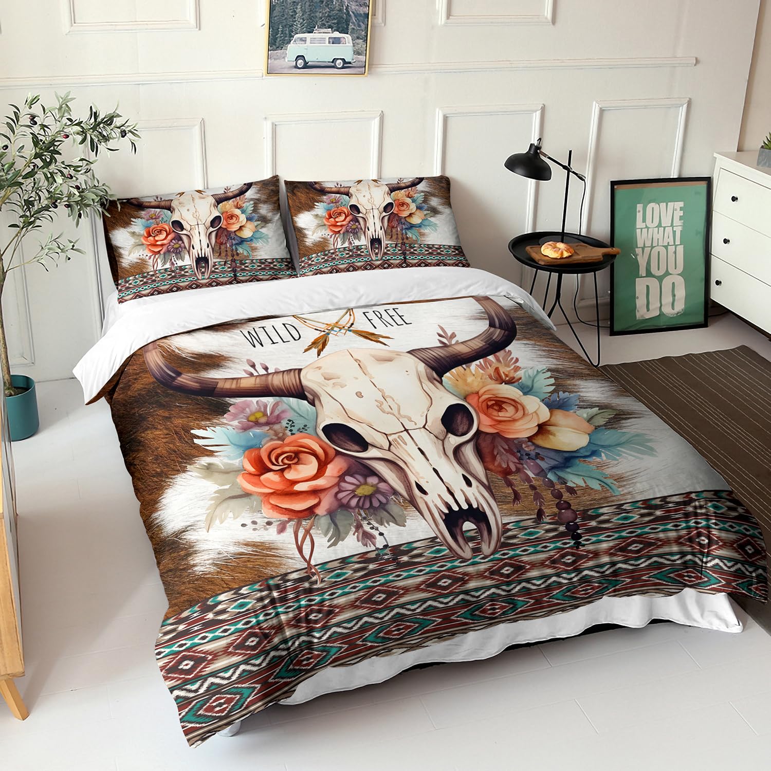 AILONEN Bull Skull Duvet Cover Set King Size, Ethnic Cow Fur Print Western Bedding Set,Hunting Comforter Cover Set 3 Pieces,Cow Skull Quilt Cover with 2 Pillowcases