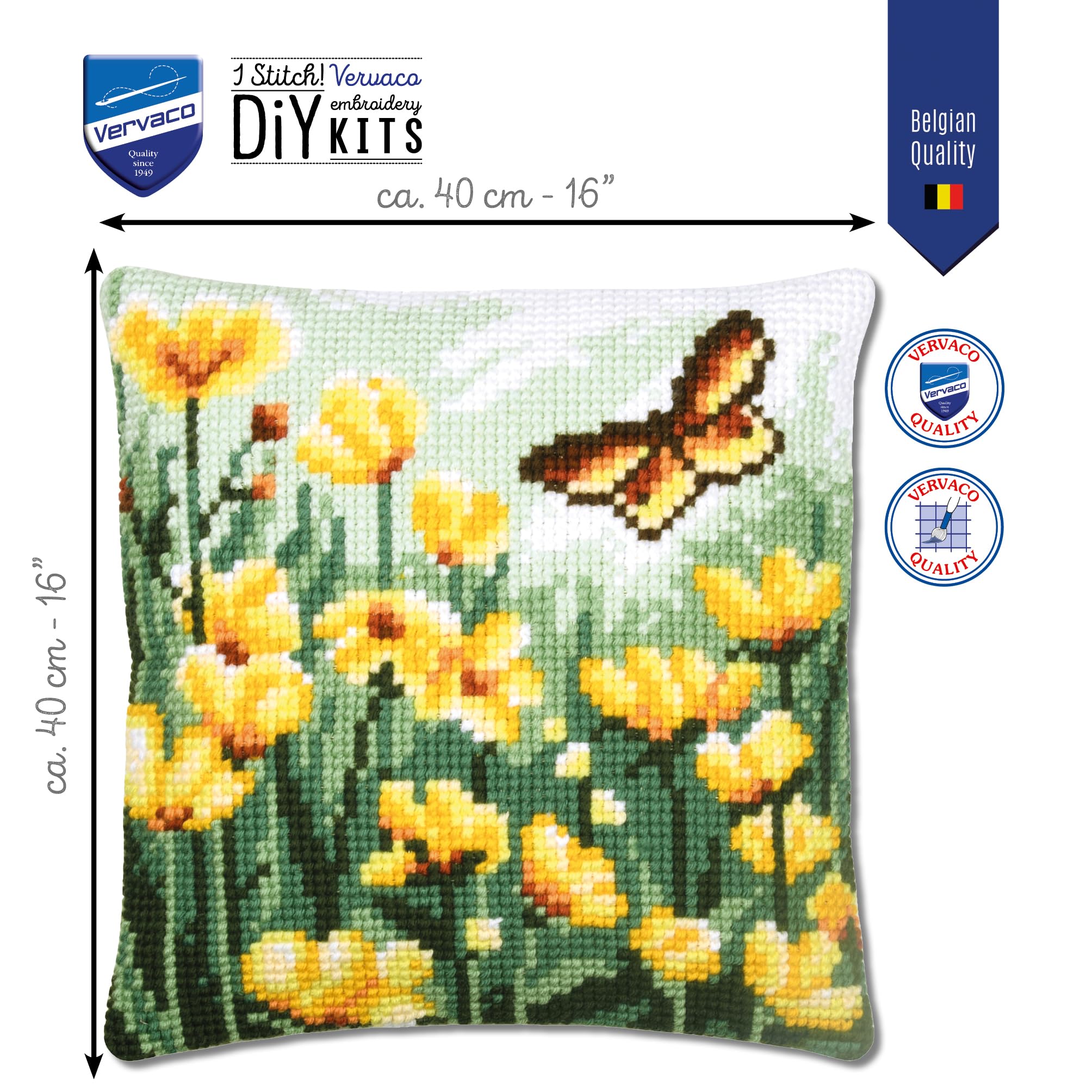 VERVACO Zestaw do Haftu Krzyżykowego Poduszka MOTYLE I KWIATY Kanwa z Nadrukiem 40 x 40 cm Gruba Włóczka Akrylowa Zrób to Sam Dekoracja Domu DIY Cross Stitch Kit