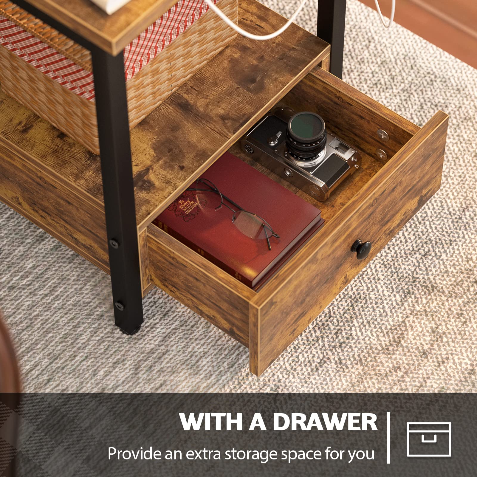 LityMax LED Floor Lamp with Table, Rustic Bedside Nightstand with