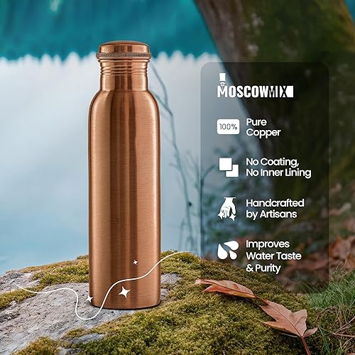 Miniatura 6 de Moscow-Mix Botella de agua de cobre puro para beber, 34 onzas, grande, ayurvédica, 100% probada en laboratorio, tapa a prueba de fugas, recipiente