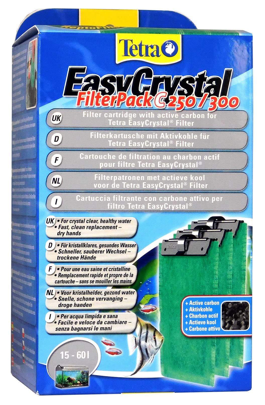 Tetra EasyCrystal Filter Pack C250/300 filter material with activated carbon, filter pads for EasyCrystal internal filters, suitable for aquariums from 15-60 liters, 3 pieces, Green