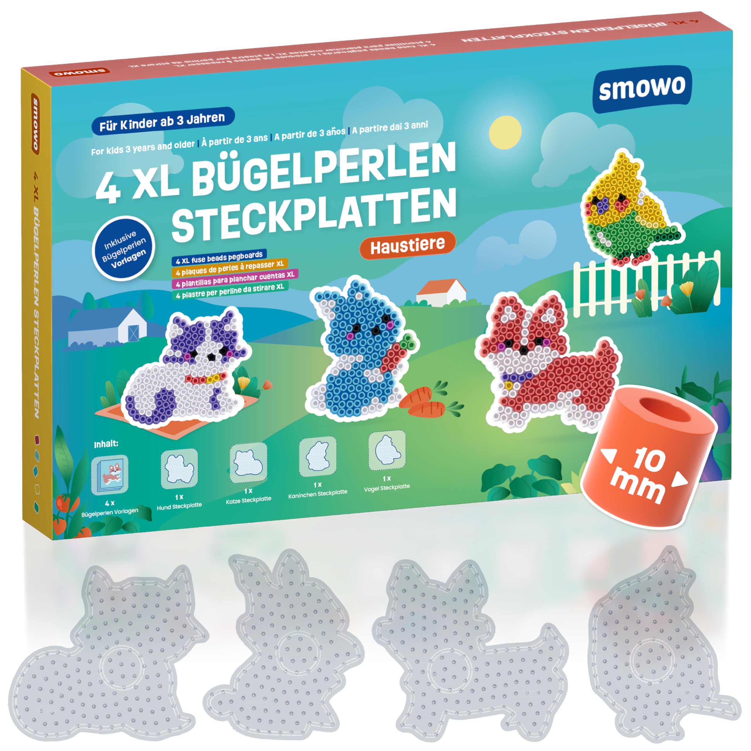 Smowo® 10mm Bügelperlen Platten Haustiere - Set mit 4 Steckplatten und Vorlagen - Hund, Katze, Vogel, Kaninchen - Große Maxi Stiftplatten für Kinder ab 3 Jahren