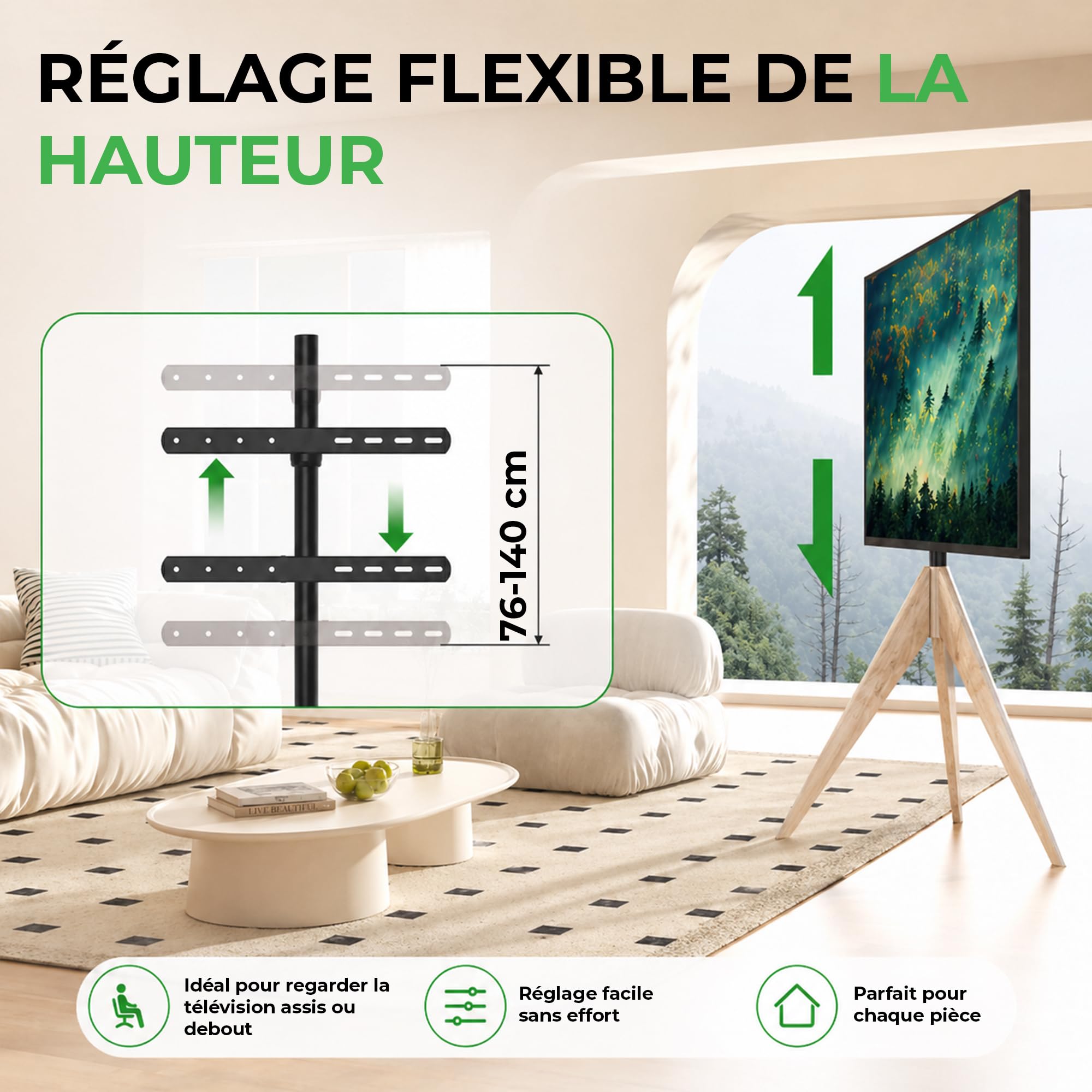 Meuble TV XTRARM Argo Tripod, Hauteur jusqu'à 140 cm, Rotatif à 360 degrés, pour téléviseur d'environ 32 à 65 Pouces, jusqu'à 40 kg, Maximum VESA 400x400mm, Meuble TV en Bois véritable