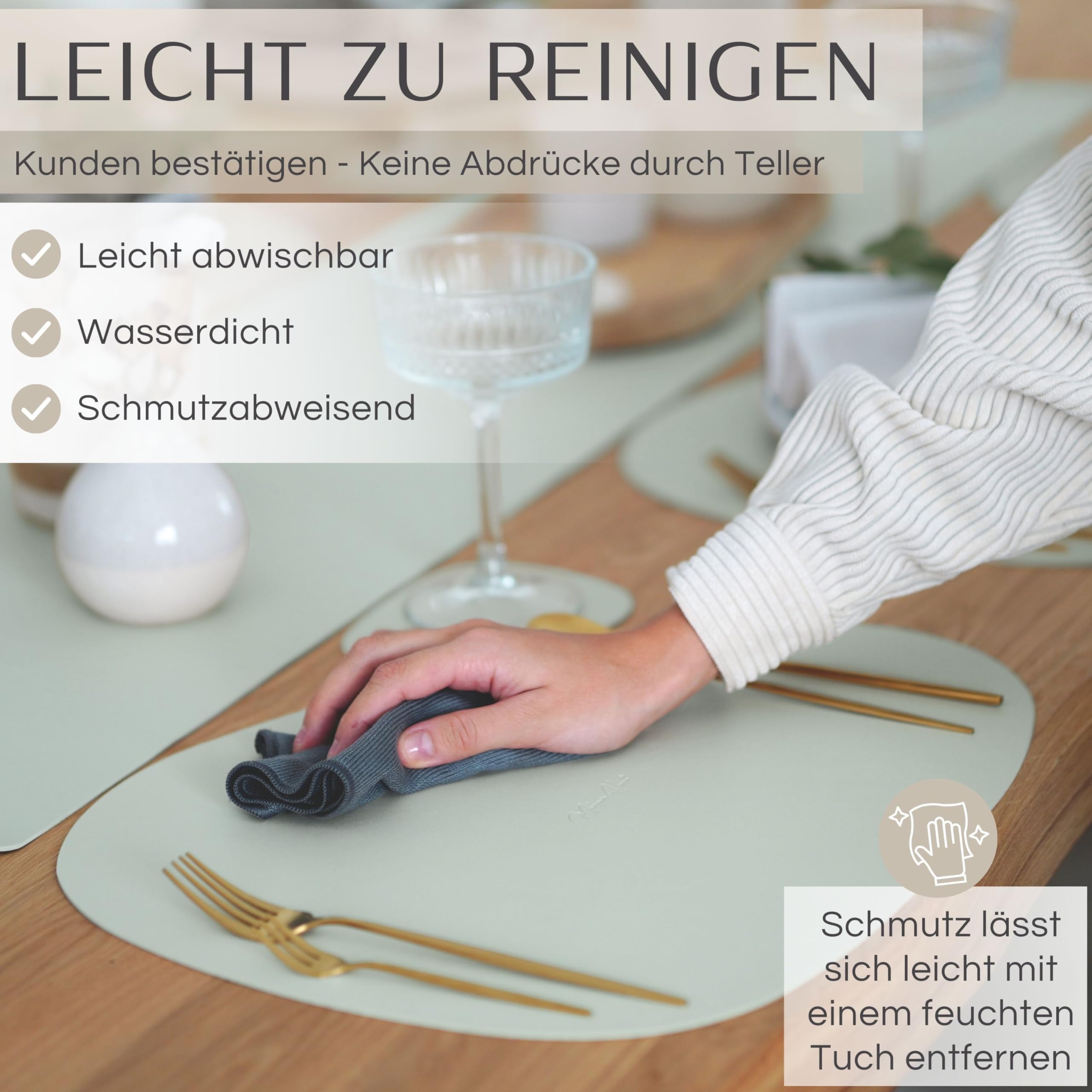 Mahewa® Lot de 6 sets de table premium en similicuir - Sets de table lavables et imperméables - Sous-verre en aspect cuir (vert sauge, ovale avec support)