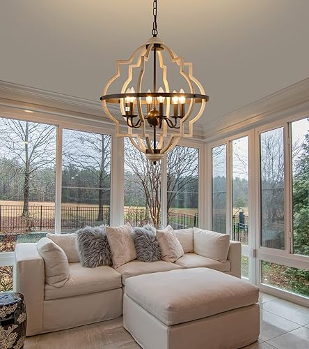 Miniatura 5 de Q&S Rustic Antique Orb Chandelier Farmhouse Vintage 6-Lights Oak White Hanging Ceiling Light Fixtures for Foyer Dining Room Kitchen Living Room