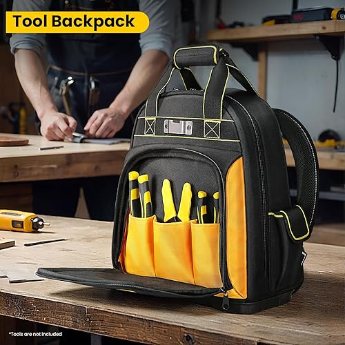Miniatura 9 de Mochila de herramientas, mochila de alta resistencia con base moldeada impermeable, mochila de herramientas con múltiples bolsillos, organizador de