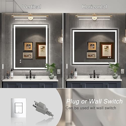 Miniatura 7 de Espejo LED de 24 x 36 pulgadas para baño con luz frontal y retroiluminado, espejo de pared antiniebla regulable con luces LED, a prueba de agua,