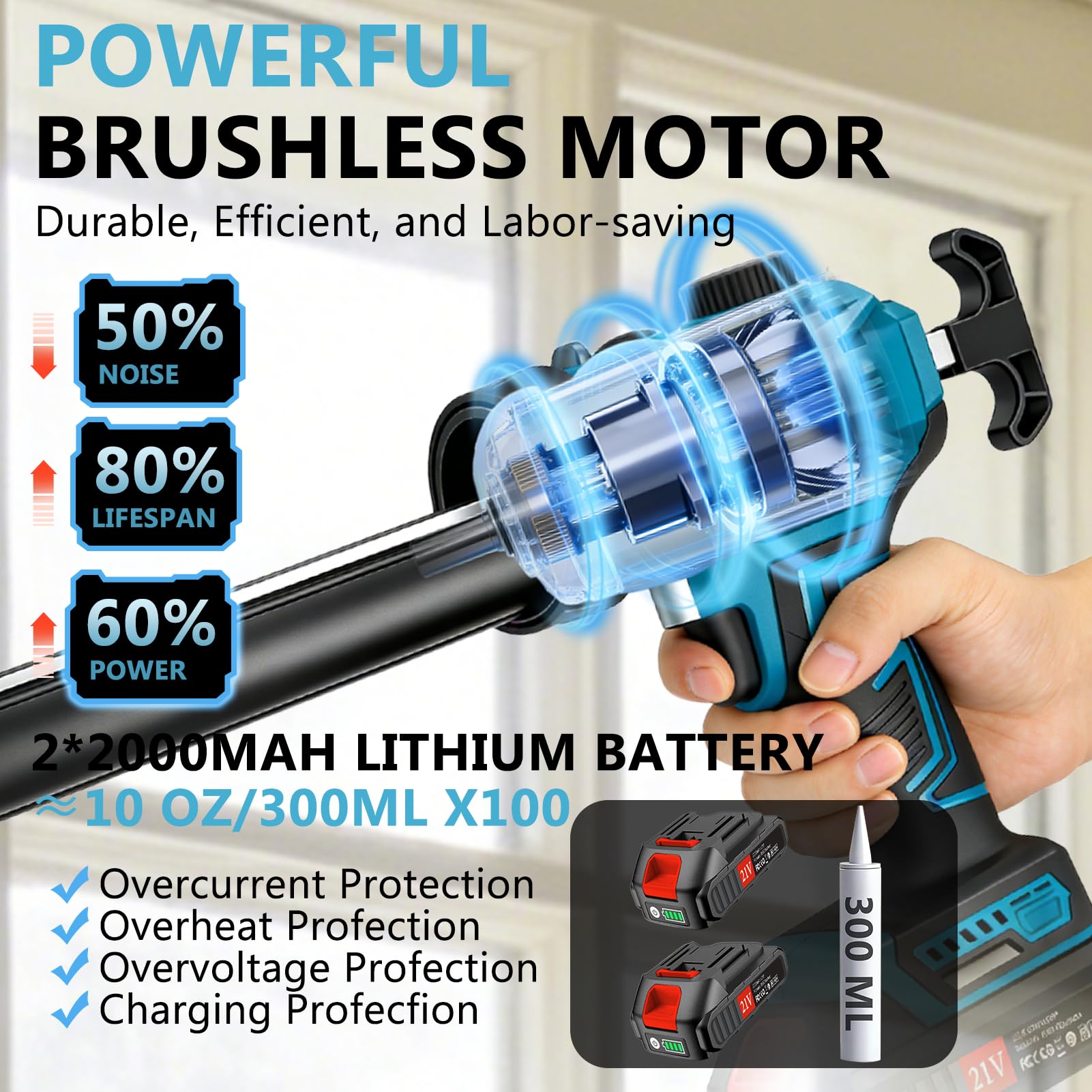 Pistolet Silicone Electrique Sans Fil 2x2000 mAh Batteries Variateur de Vitesse Lumière LED Cartouches 300 ml