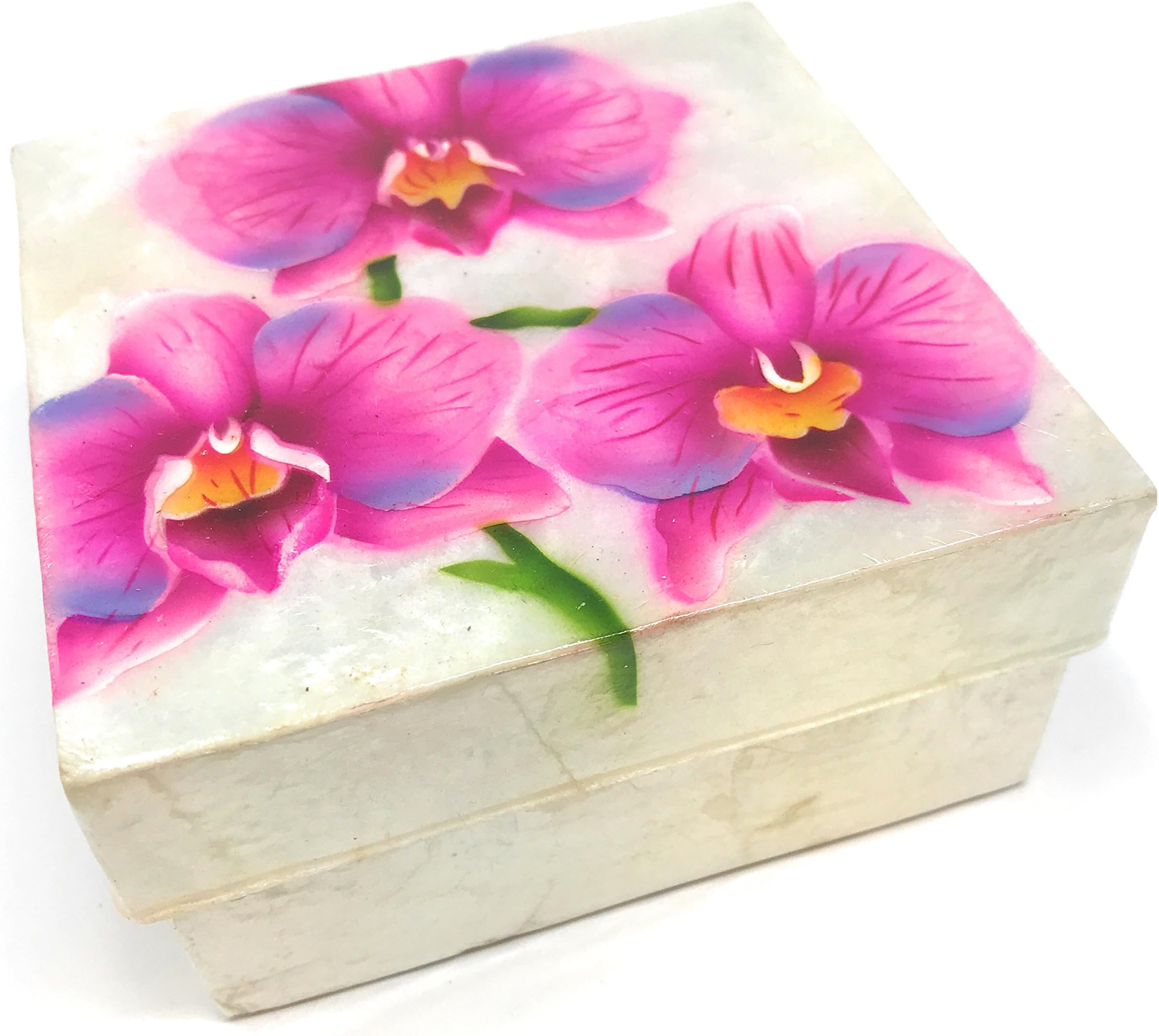 Kubla Craft Pink Orchids Capiz Shell Keepsake Box, 4 Inches Square