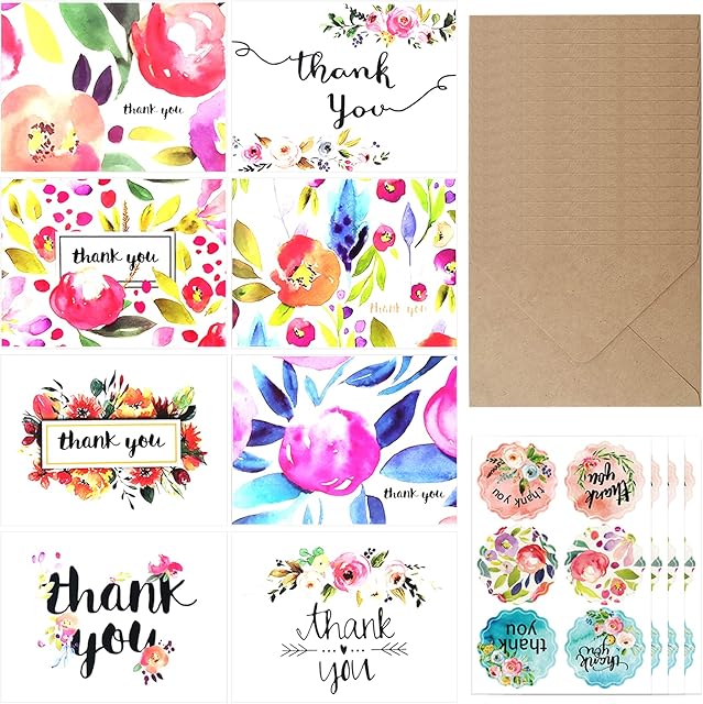 16 Packs Thank You Cards Greeting Cards with Envelopes and Thank you Stickers, Thank You Notes Multipack Blank Inside for Gifts, Weddings Thanksgiving Birthday Baby Shower Christmas Gift (B)