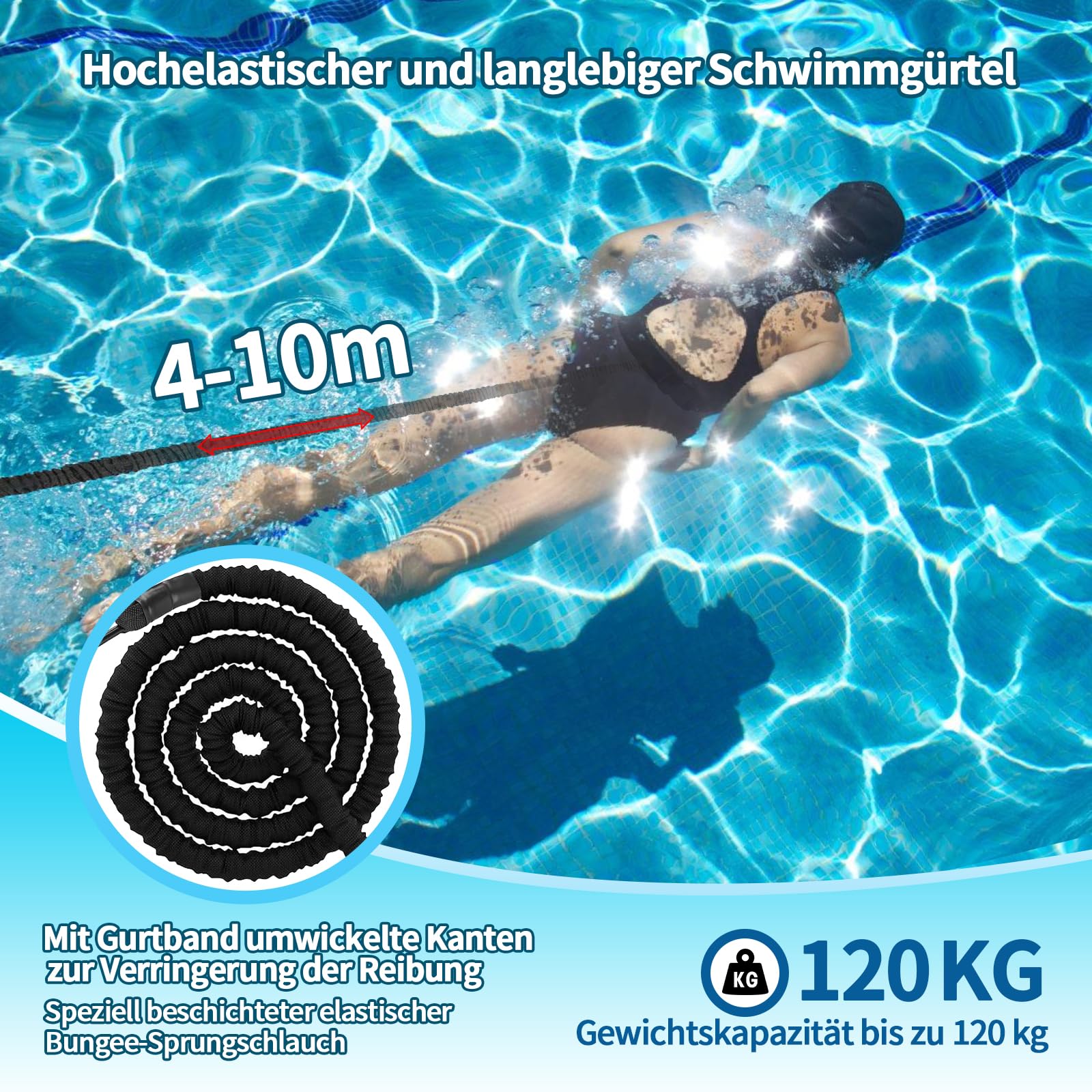 Cintura da nuoto per piscina, 4 – 10 m, regolabile, per piscina, per adulti
