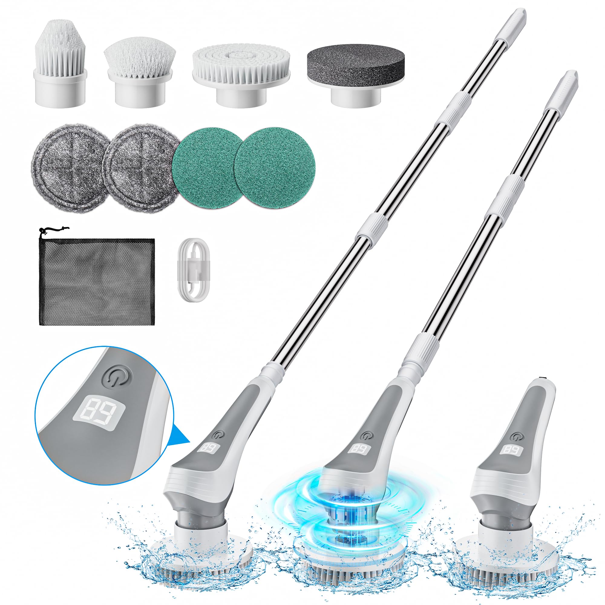 Electric Spin Scrubber,Cordless Cleaning Brush with Power Display Screen,IP68 Waterproof Shower Cleaning Brush with 8 Replaceable Brush Heads,Adjustable & Detachable Handle and 2 Adjustable Speeds