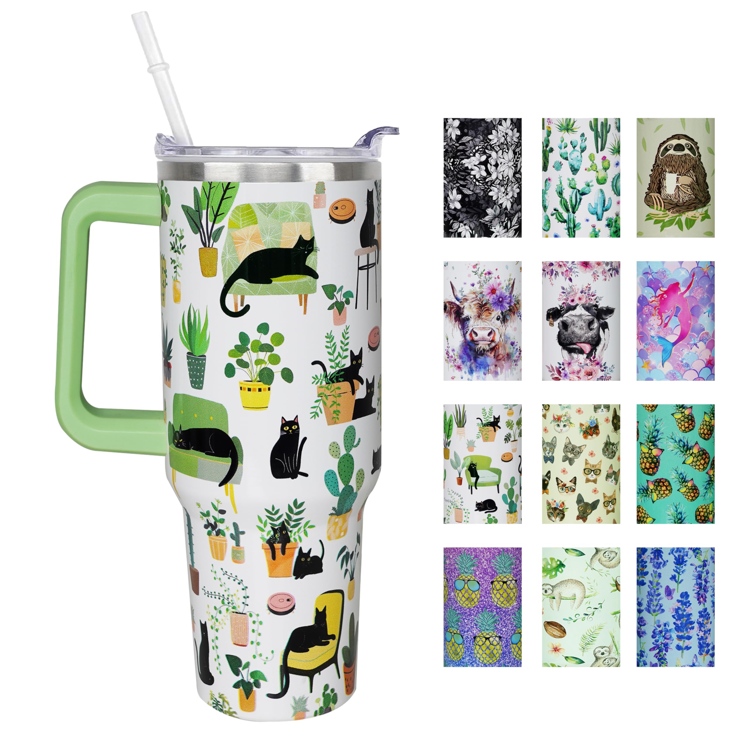 sgqjdpmc 40 oz Cat Tumbler with Handle Straw Lid 40oz Cat Themed Gifts Steel Insulated Travel Coffee Cup