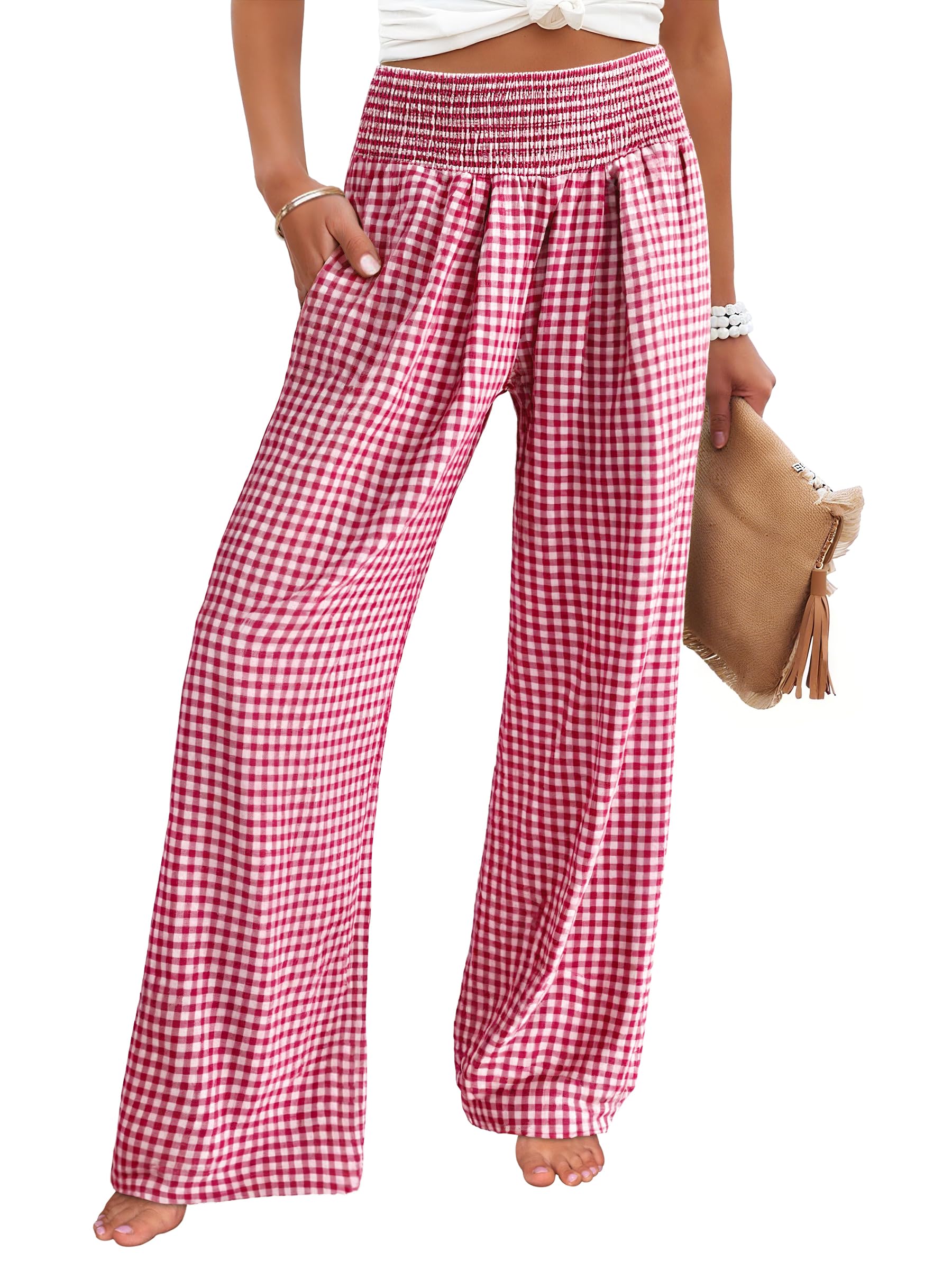 ANRABESS Womens Striped Gingham Wide Leg Palazzo Pants with Pockets | Smocked High Waisted Pajama Pants, Lounge & Casual, Fall Spring Summer Loungewear, Cute Pj Pants