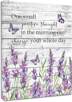 EOBTAIN Inspirational Quotes and Purple Butterfly Canvas Wall Art Lavender Floral with Green Leaf Wall Art for Bathroom Living Room Bedroom Vintage Picture Wall Decor Framed Bedroom Canvas Print,12x16 Inches