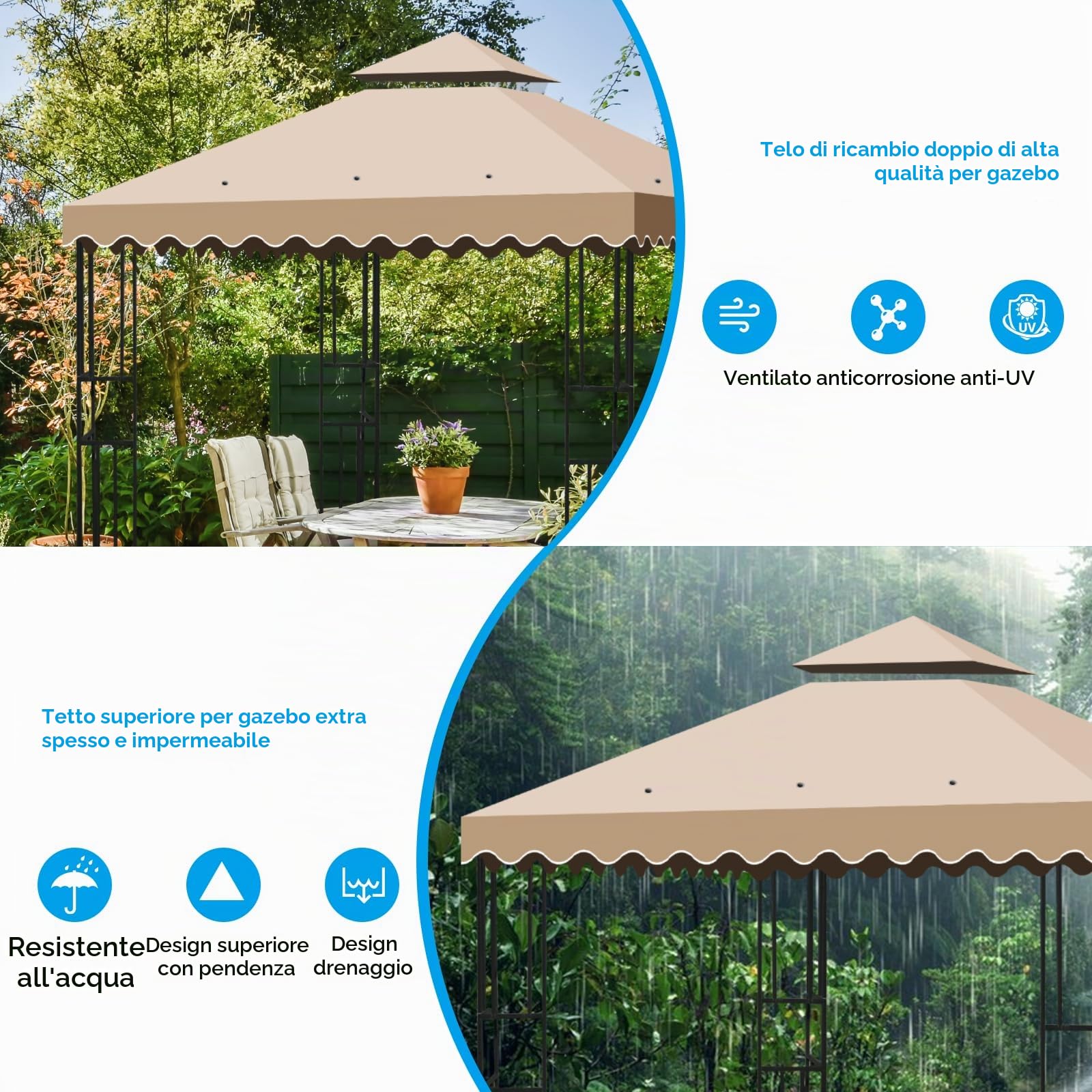 Telo Gazebo 3x3 m, 2 Livelli Tetto di Ricambio per Copertura con Airvent e 12 Fori di Drenaggio, Impermeabile e Anti-UV 300D Copertura Gazebo Rimovibileer Giardino, Terrazza, Campeggio e Spiaggia