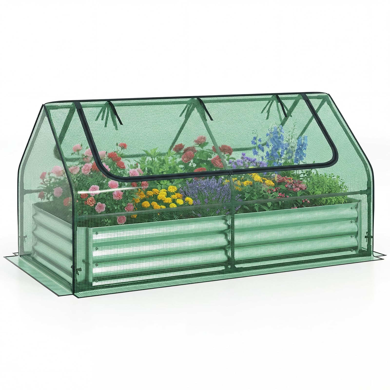 TANGZON Raised Garden Bed with Greenhouse, Galvanised Steel Planter Box Kit with PVC/PE Cover & 2 Roll-Up Windows, Outdoor Vegetable Herb Flower Container Grow Box (Green PE Cover, 183 x 91 x 94cm)