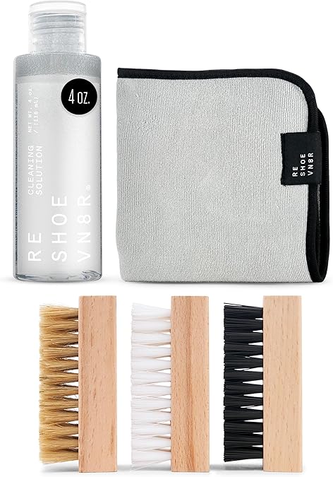 RESHOEVN8R Essential Shoe Cleaning Kit – 4oz Solution, 3 Brushes, Microfiber Towel – Safe for Suede, Leather, Canvas, Mesh – Up to 50 Cleans