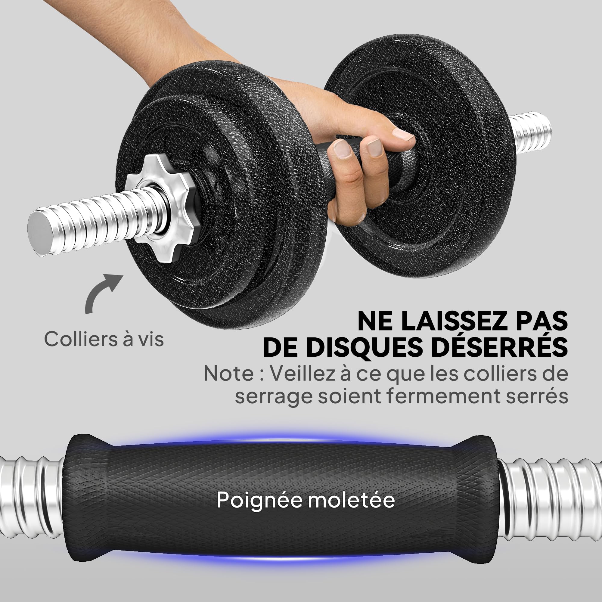SPORTNOW Ensemble d'Haltères 2-en-1 20 kg Poids Réglables Noir | Kit Haltères Musculation, Barre d'Extension Acier, Poignée Antidérapante, Musculation, Haltérophilie