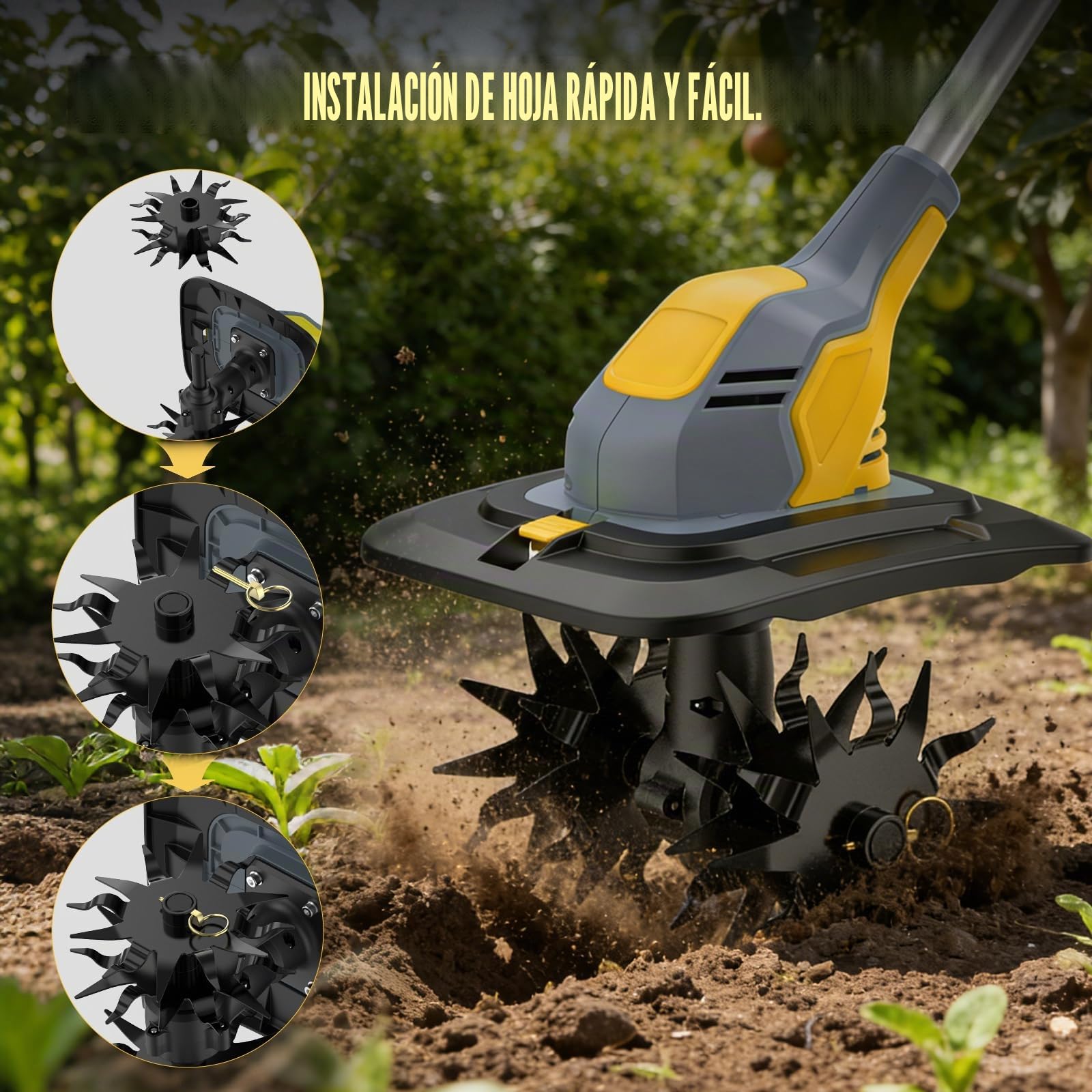 Motoazada Electrica 800W,Motocultor Plegable,Profundidad de Labranza 20 cm, Anchura de Labranza 23 cm, con Pantalla Indicadora de Carga para Labrar Jjardines y Huertos (Dos Baterías)