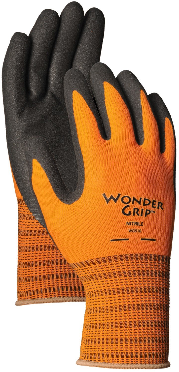 Work Gloves, Double-Coated Nitrile Palm, Orange Nylon, XL