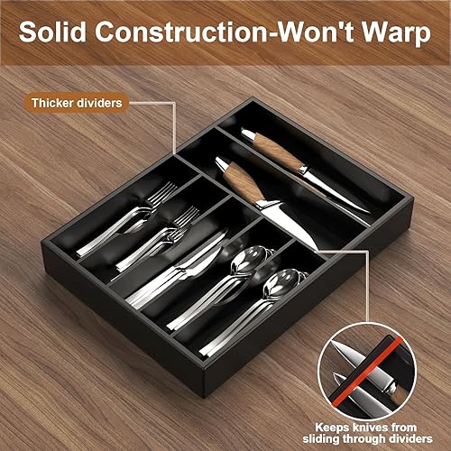 Miniatura 4 de Organizador de cajones de bambú para cocina, bandeja de utensilios de 13 pulgadas con divisor de cajón ranurado extraprofundo, 7 ranuras en total,