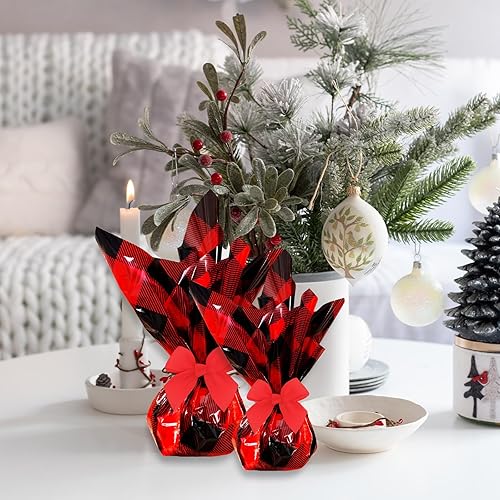 Miniatura 6 de Whaline Rollo de papel de envoltura de celofán de Navidad, color negro y rojo, a cuadros, transparente, con cinta, cesta de regalo de plástico, para