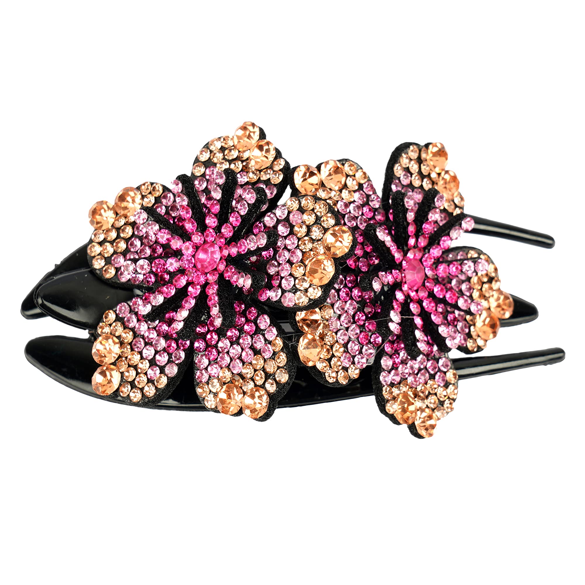 ZEMANIA Double Flower Rhinestones Hair Clip For Women and Girls | Crystal Fancy Hair Back Clip | Elegant Thick Long Hair Bun Clip (10 cm x 7.5 cm)