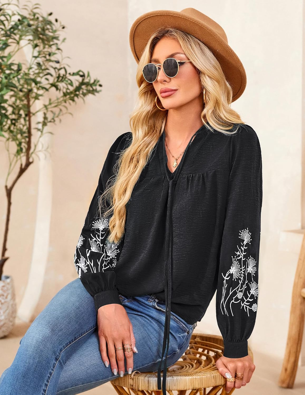 Blouses for Women Dressy Casual Embroidered Boho Tops Trendy Puff Long Sleeve Peplum Babydoll Shirts - Image 4