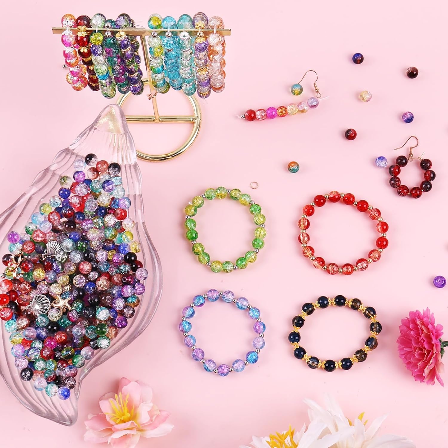1800PCS 8mm Crackle Glass Beads Bracelet Making Kit, 48 Colors Glass Beads for Jewelry Making, Round Crystal Beads for Bracelets, Friendship Bracelet kit for DIY Crafts Gifts, 2 Box (Crackle Colors) - Image 5