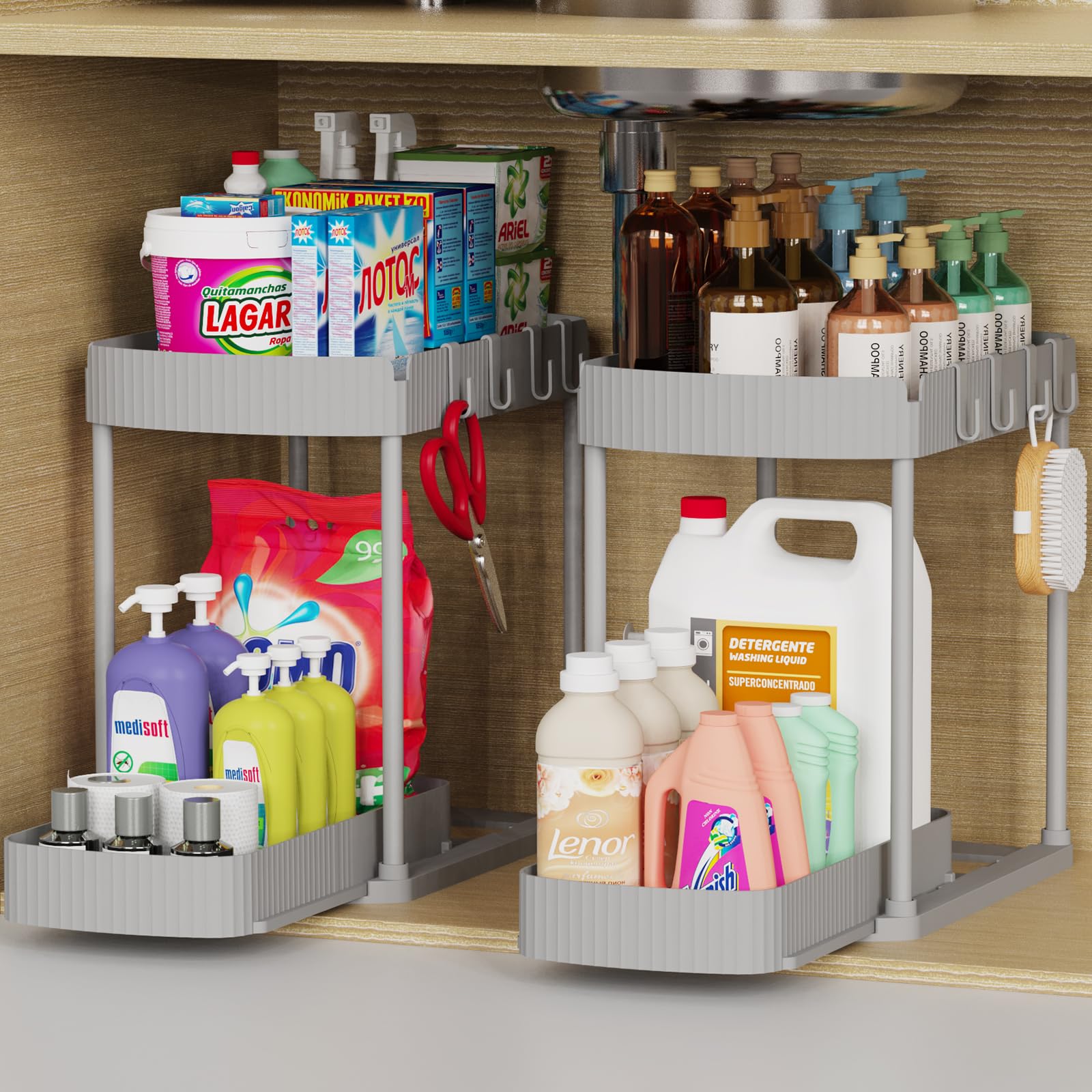 Ukeetap 2 Pack Multi-Purpose Pull-Out Storage Organizers, Under Sink Organizers and Storage for Bathroom & Kitchen, Under Cabinet Organizers and storage, 12.8 Inch, Grey Gray 12.8 Inch