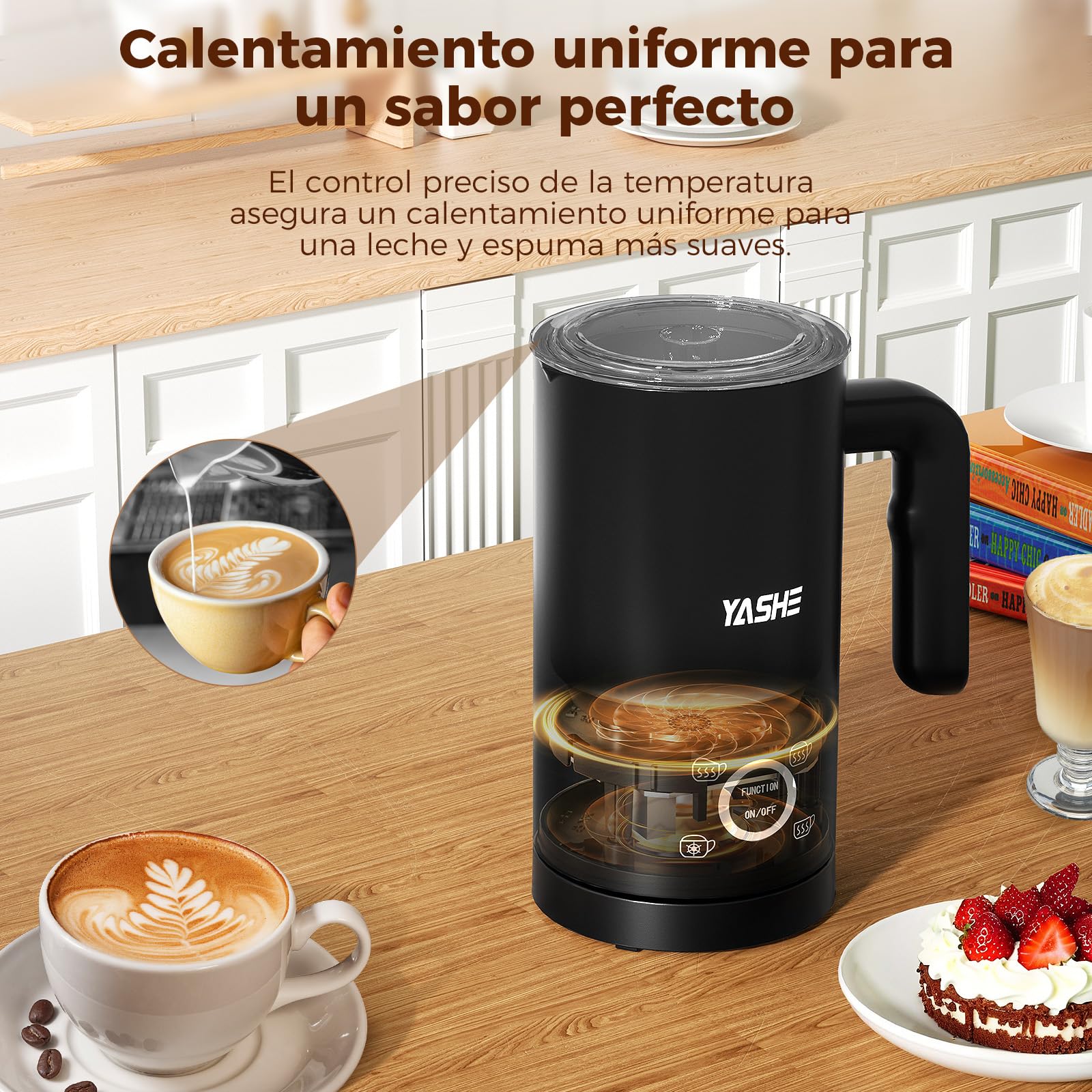 YASHE 4 en 1 Espumador y Calentador de Leche Eléctrico 500W, 300ml para Espuma Caliente/Fría, Ideal para Café, Capuchino, Latte, Macchiato, Silencioso, Revestimiento Antiadherente, Fácil Limpieza