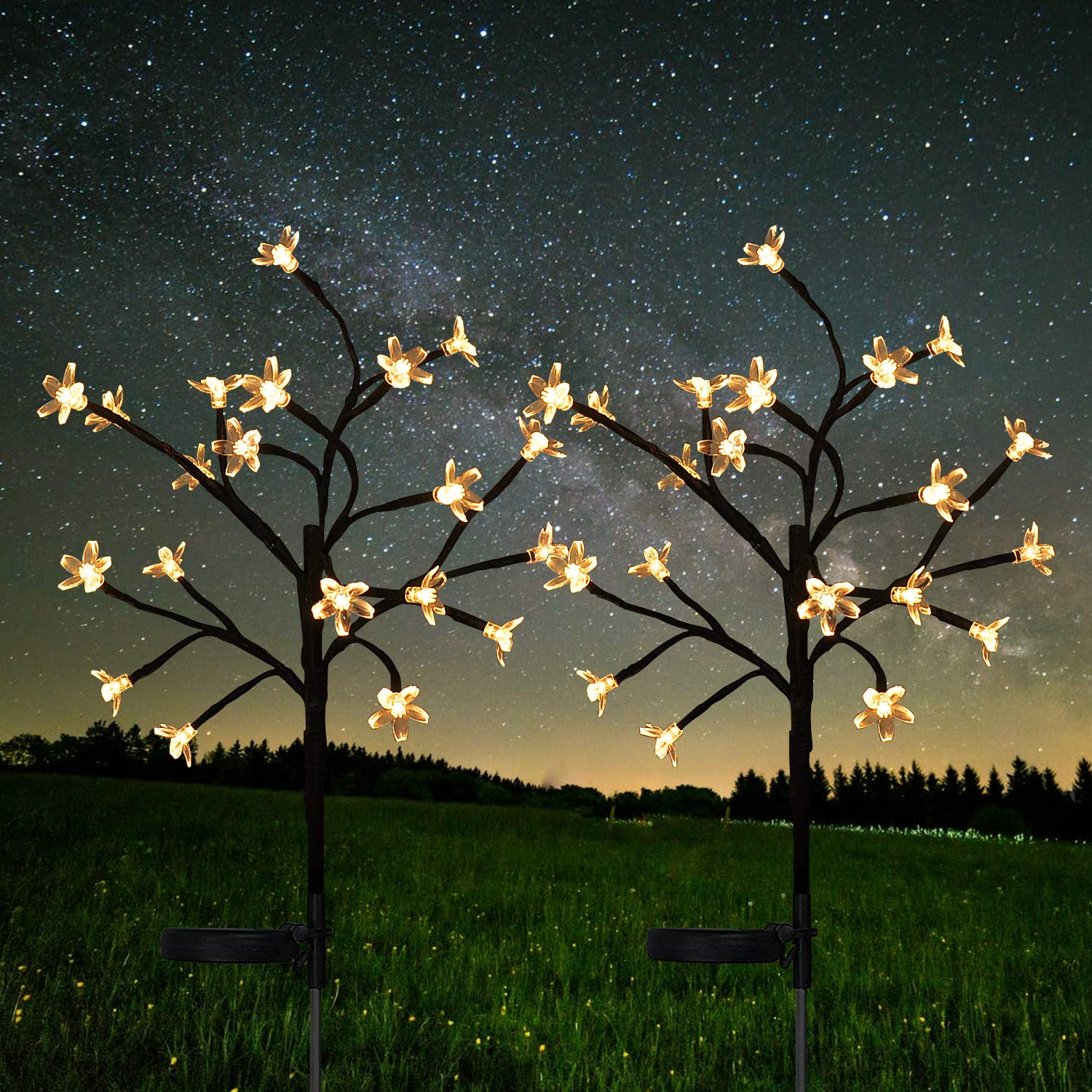 HeyMate Solar Flower Lights Garden Decorative Lights - 2 Pack Solar Garden Lights Outdoor Decorative Warm White Cherry Blossoms Christmas Solar Lights for Pathway, Patio, Yard, Lawn, Backyard
