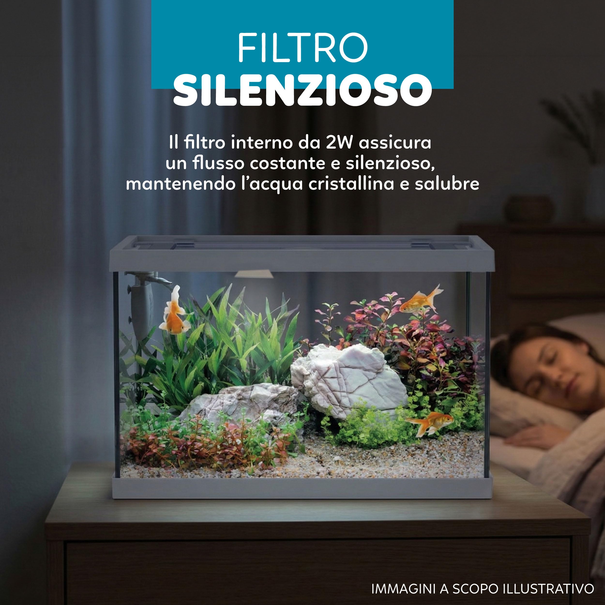 AQPET One Mini Acquario in vetro Bianco 20 litri – acquario completo con filtro interno, sabbia, pianta decorativa e sfondo – design elegante 36x22x26 cm, ideale per principianti