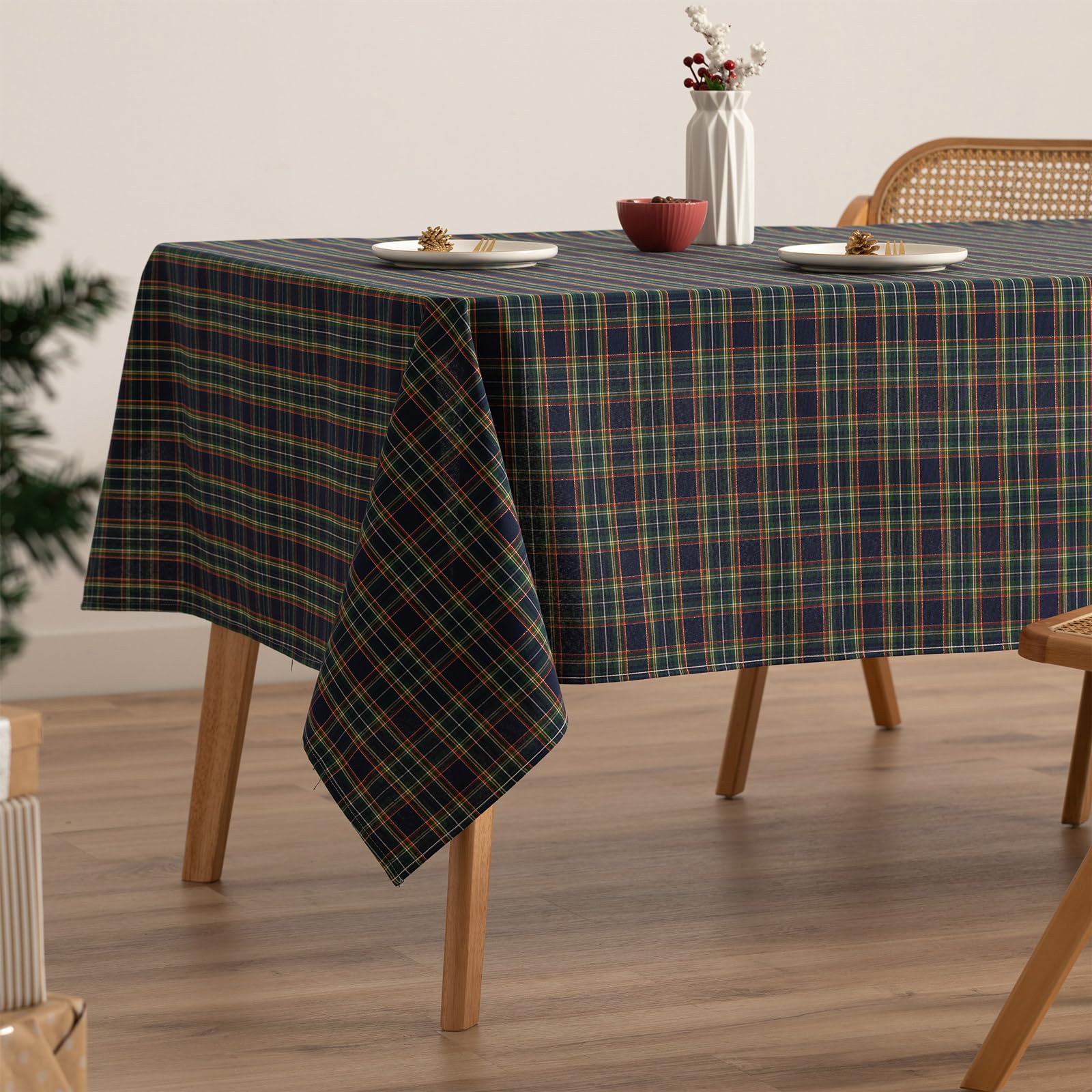 GAMUSI Mantel Mesa Rectangular Navidad Tela Cuadro Azul Hilo Oro Mesa Comedor Decoración Navideña 140x100 cm Color Azul