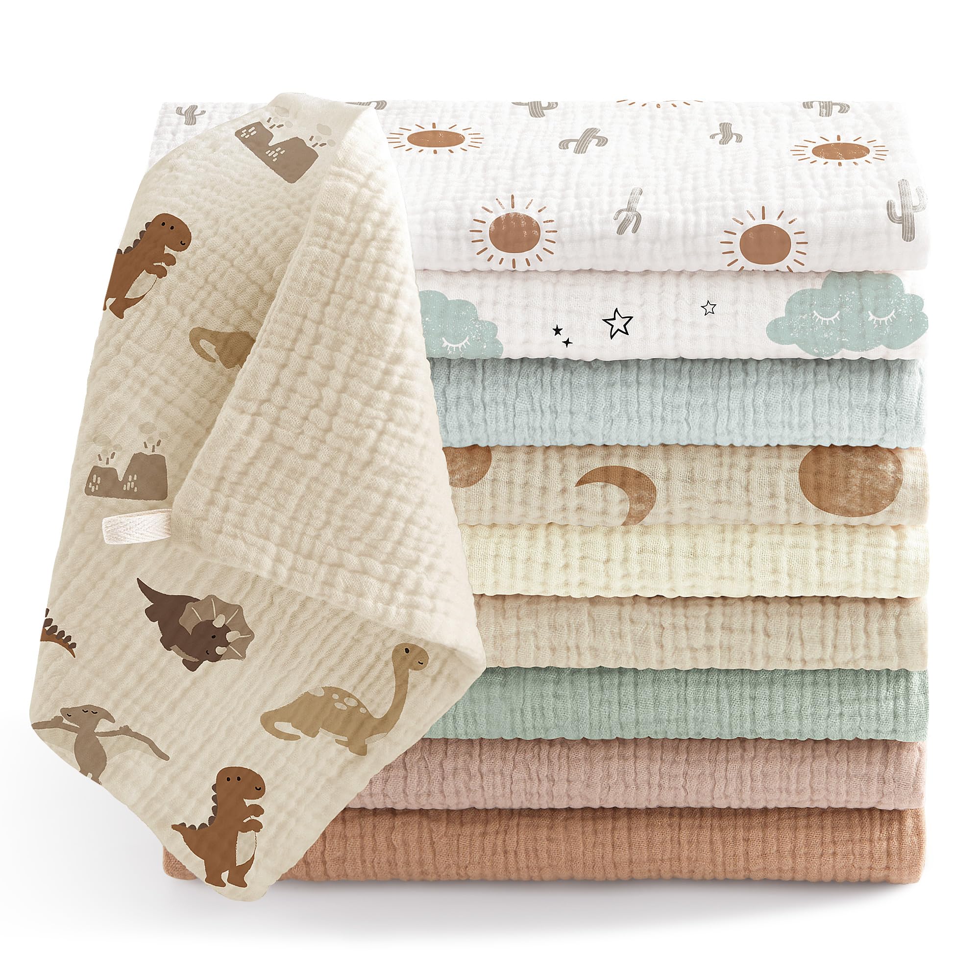 Bearmoss Pack of 10 Baby Muslin Wash Cloths Molleton Cloths 100% Cotton Soft,Breathable and Extremely Absorbent Muslin Cloth for Absorbent Muslin Cloths 25 x 25 cm (Greenish Brown)