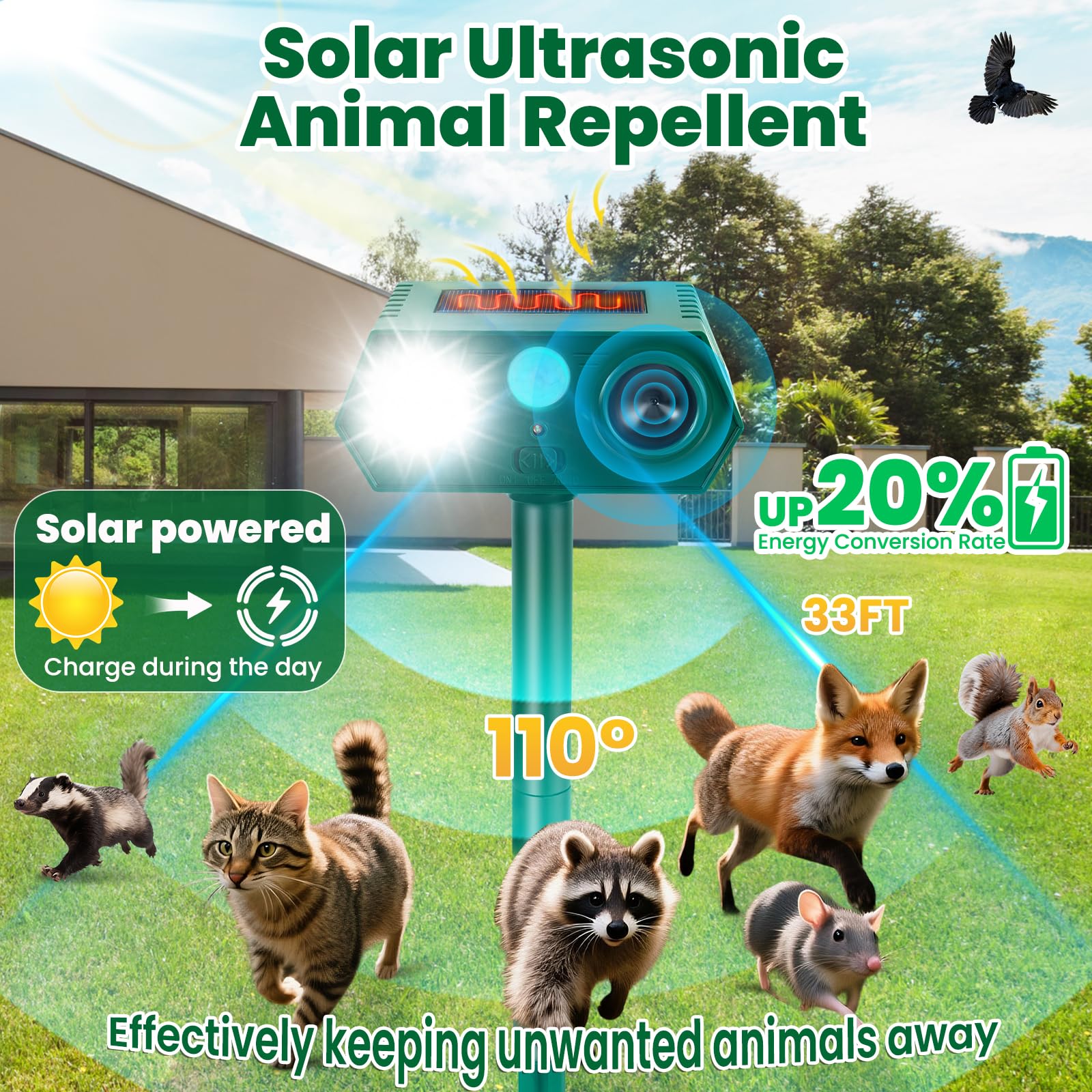 Solar Ultraschall Tierabwehr Outdoor, 4Pack Wasserdichte Hirschabwehrgeräte mit RIP Bewegungsmelder, Katzenschreck mit LED Blinklichtern, Waschbären, Stinktiere, Kaninchen Hirsch Abschreckung Outdoor