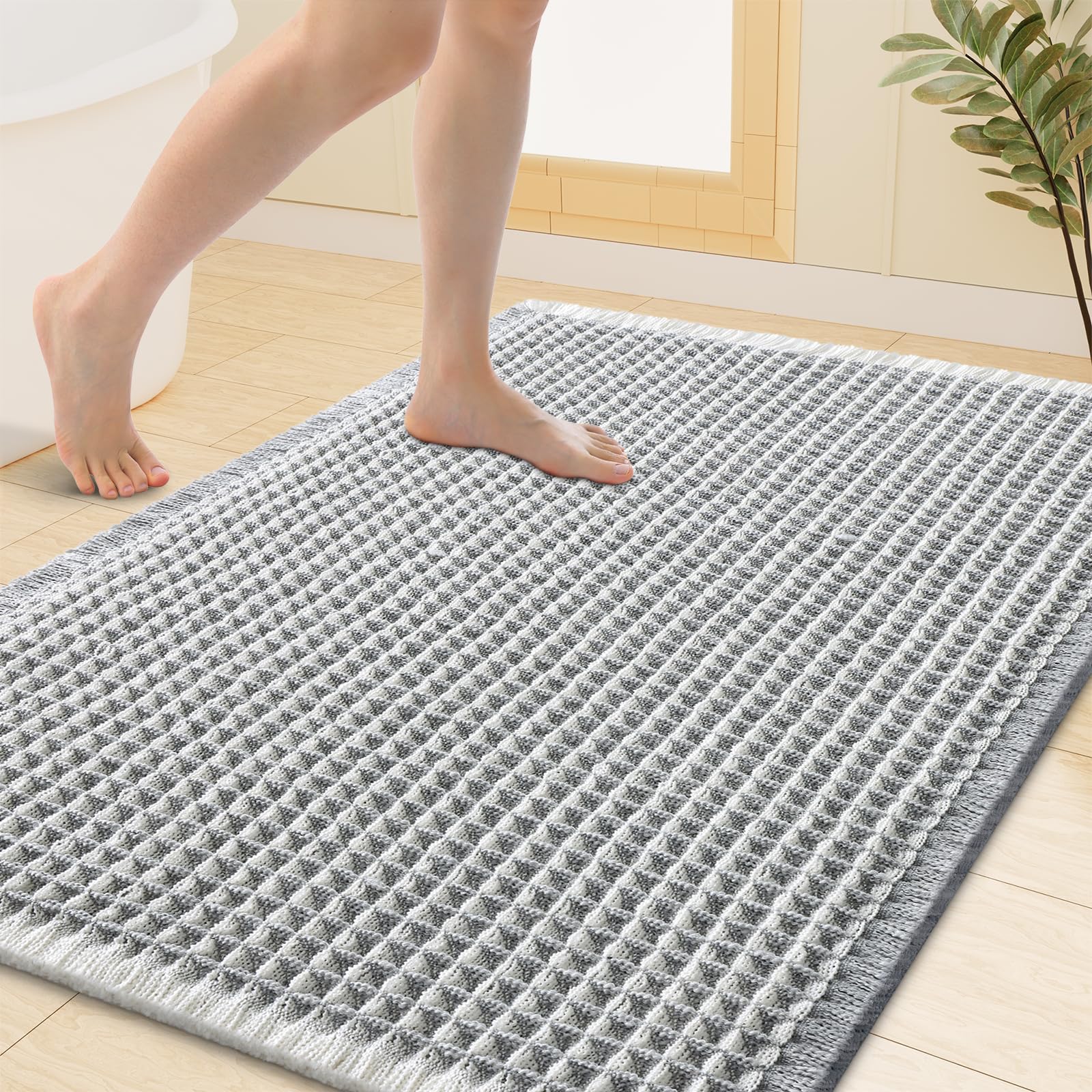 Smiry Waffle Bath Mat 40X32, Soft Absorbent Bathroom Rug, Lightgrey &amp; Cream