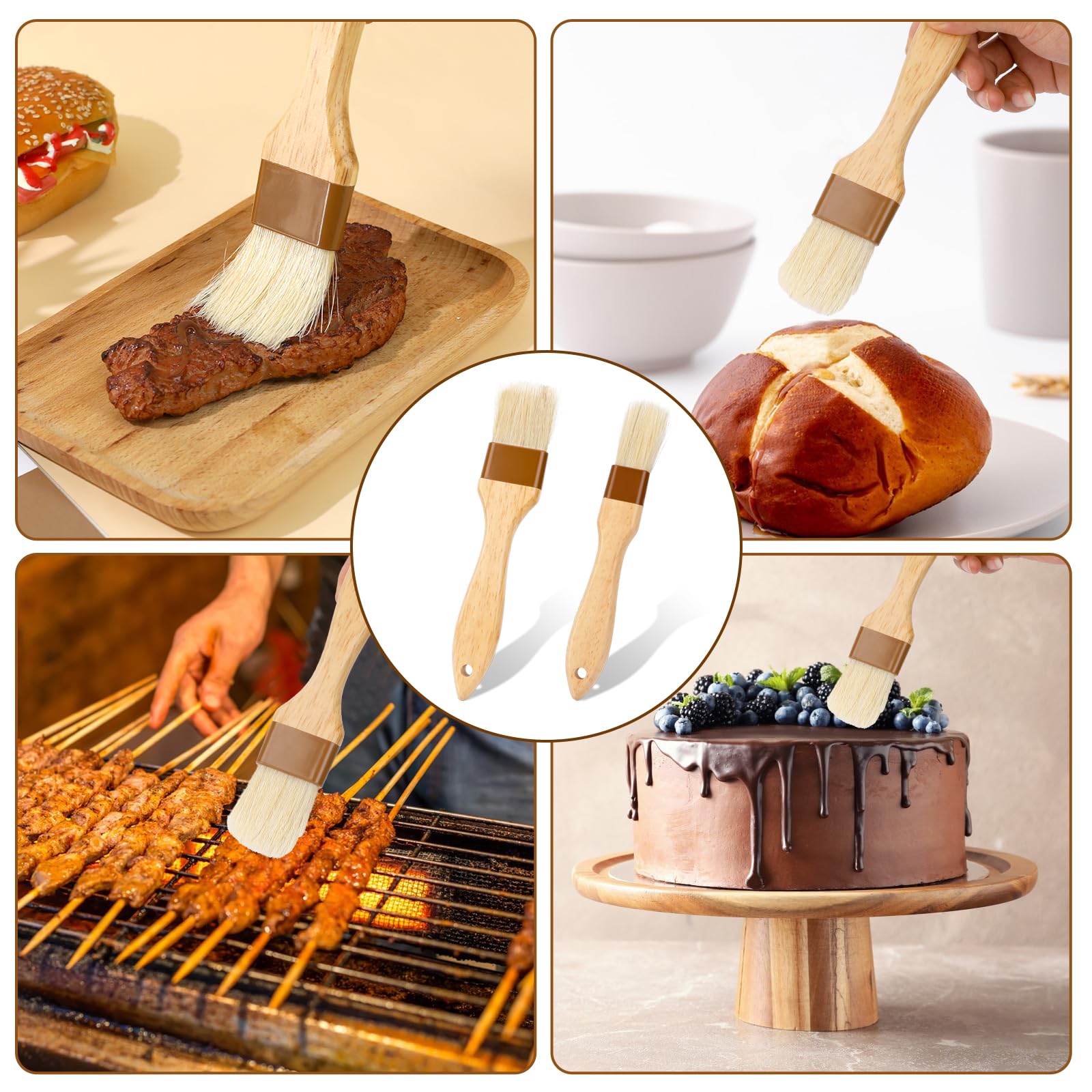 Set di 2 pennelli da forno, setole naturali, manico in legno di faggio, pennello per olio, pennello per cibo, pennello per salsa, spalmabile per uova marinata