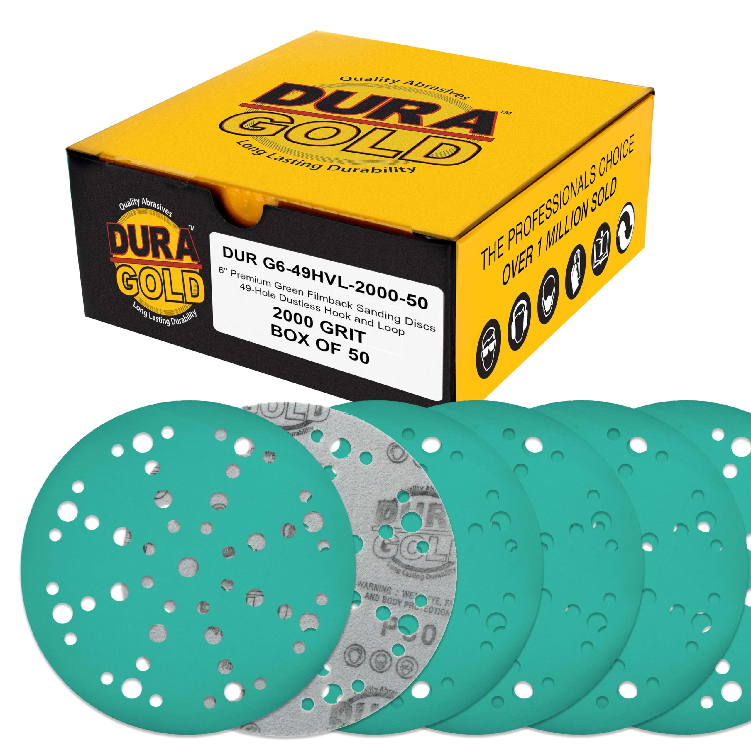 Dura-Gold Premium 2000 Grit 6" Green Film Sanding Discs, 49-Hole Pattern, Box of 50 - Heavy-Duty Dustless Hook & Loop Backing Sandpaper for DA, Random